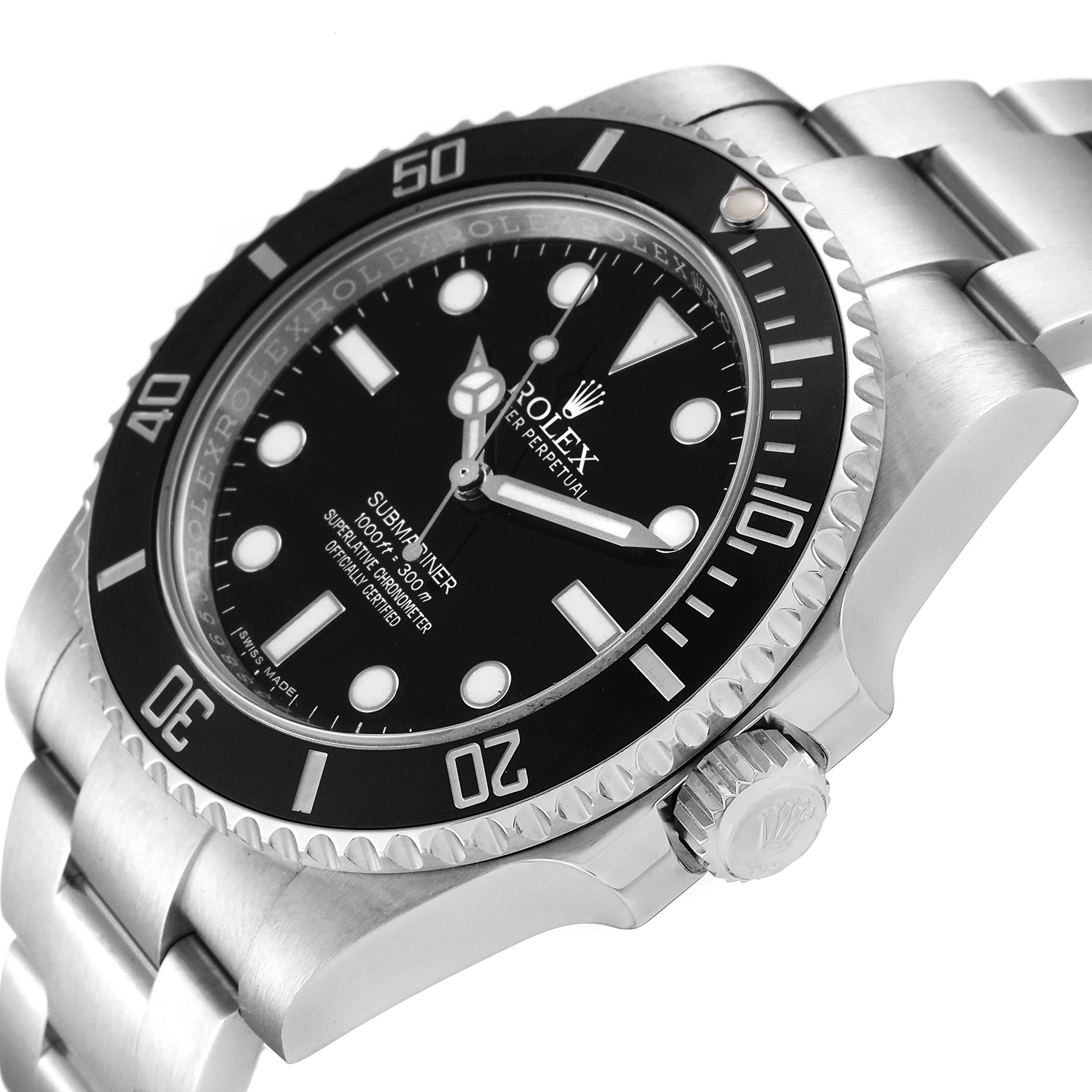 The Rolex Submariner 114060 Men
s Stainless Steel Black Dial 114060 Men
s Stainless Steel Black Dial watch is shown from a three-quarter lower angle, highlighting the dial, bezel, and part of the bracelet.