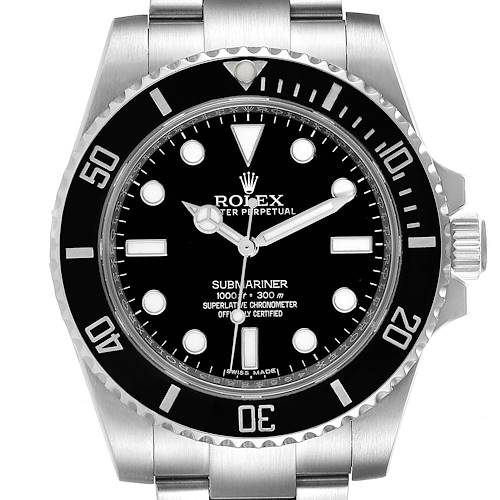 This image displays a front view of a Rolex Submariner watch, showing its dial, bezel, crown, and part of the bracelet.