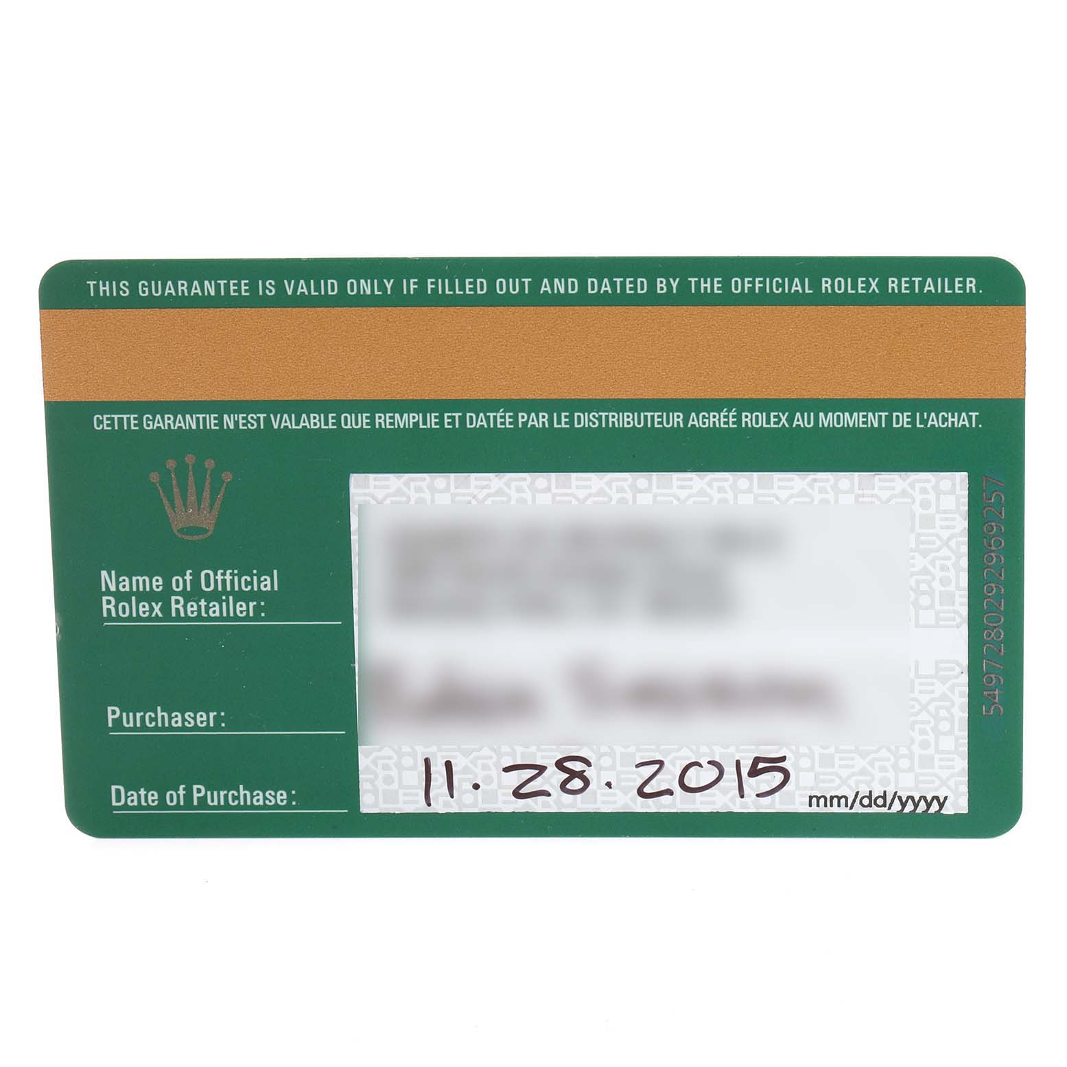 This image shows the warranty card for the Rolex Submariner 114060 Men
s Stainless Steel Black Dial 114060 Men
s Stainless Steel Black Dial watch, displaying the purchase details and retailer information.