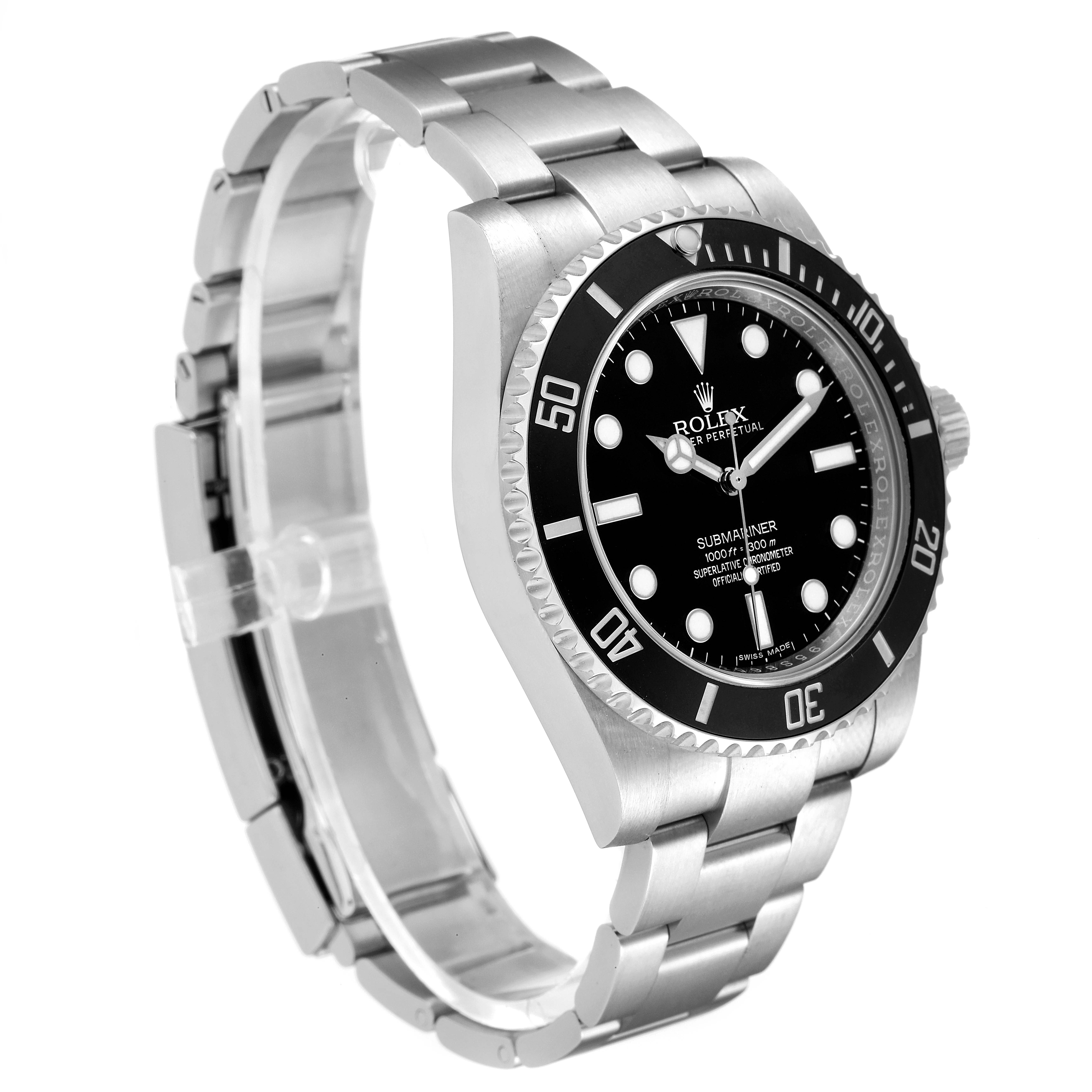 The image shows a Rolex Submariner 114060 Men
s Stainless Steel Black Dial 114060 Men
s Stainless Steel Black Dial watch angled from the front-left, highlighting the bezel, dial, and stainless steel bracelet.