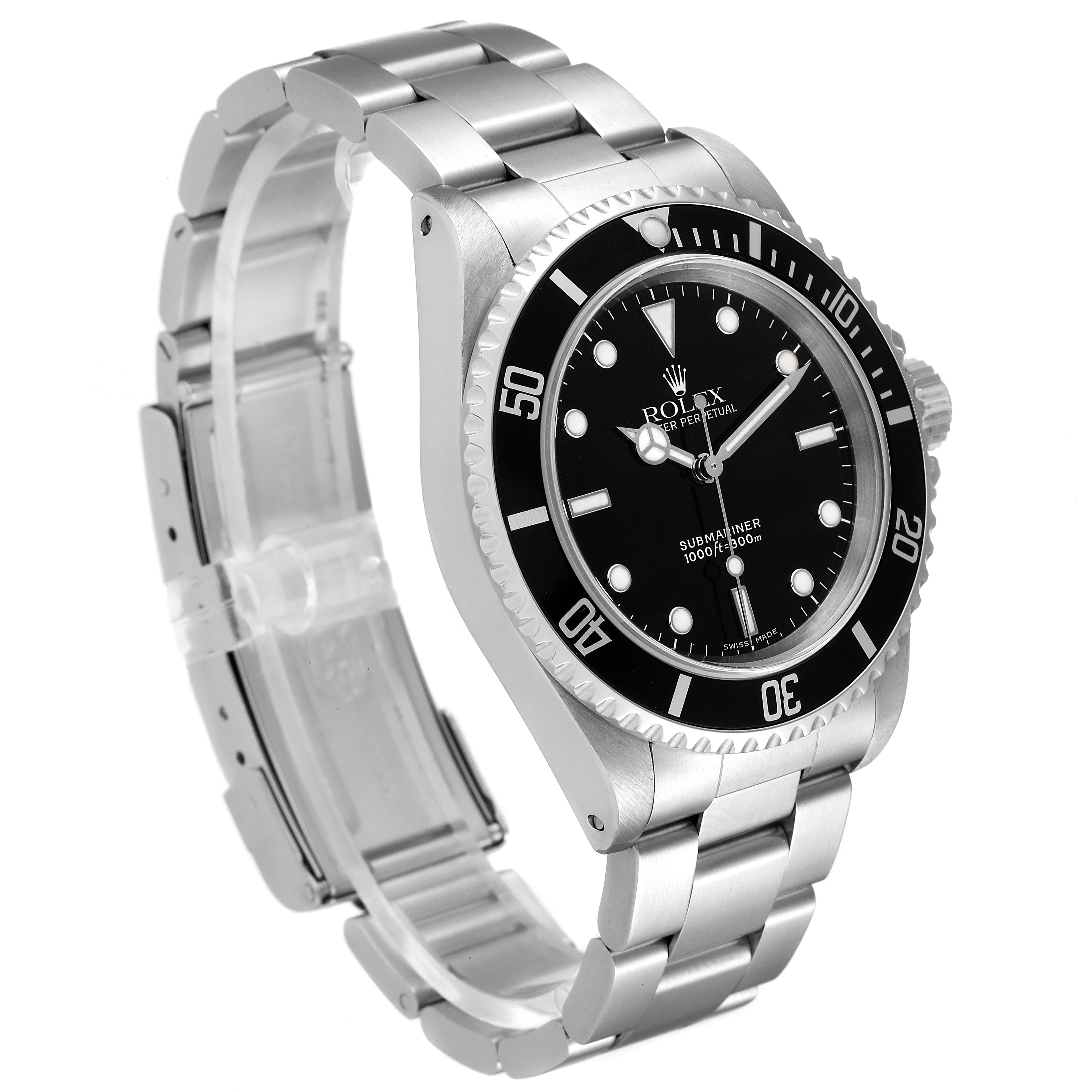 The Rolex Submariner 14060 Men
s Stainless Steel Black Dial 14060 Men
s Stainless Steel Black Dial watch is shown at a slight angle, displaying the face, bezel, case, and bracelet.