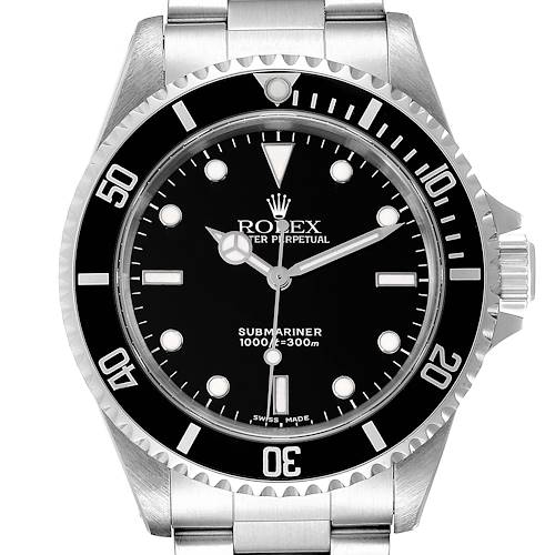 The image shows a front view of a Rolex Submariner watch, highlighting its dial, bezel, and part of the stainless steel bracelet.