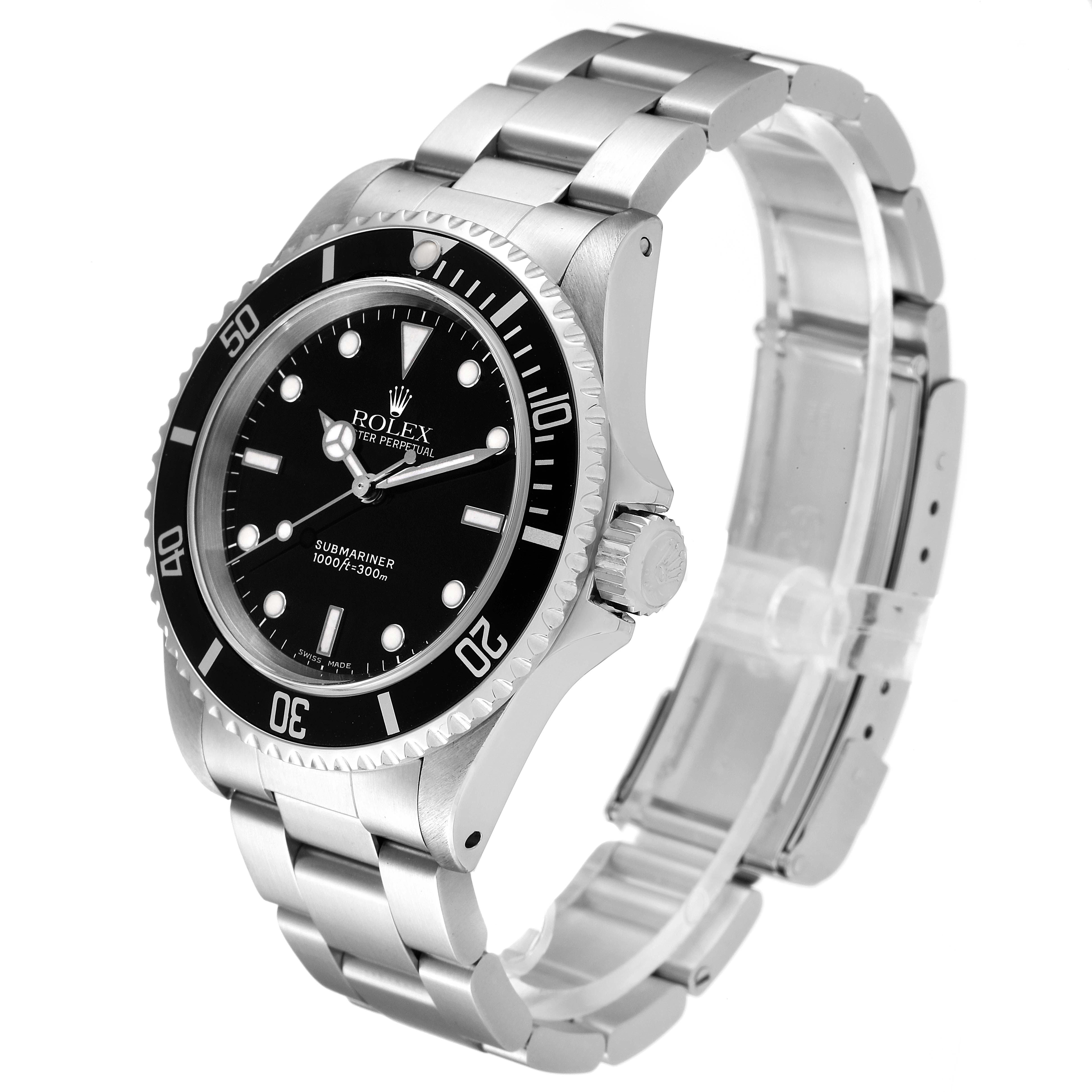 The Rolex Submariner 14060 Men
s Stainless Steel Black Dial 14060 Men
s Stainless Steel Black Dial watch is shown at a three-quarter angle, highlighting the face, crown, and bracelet.