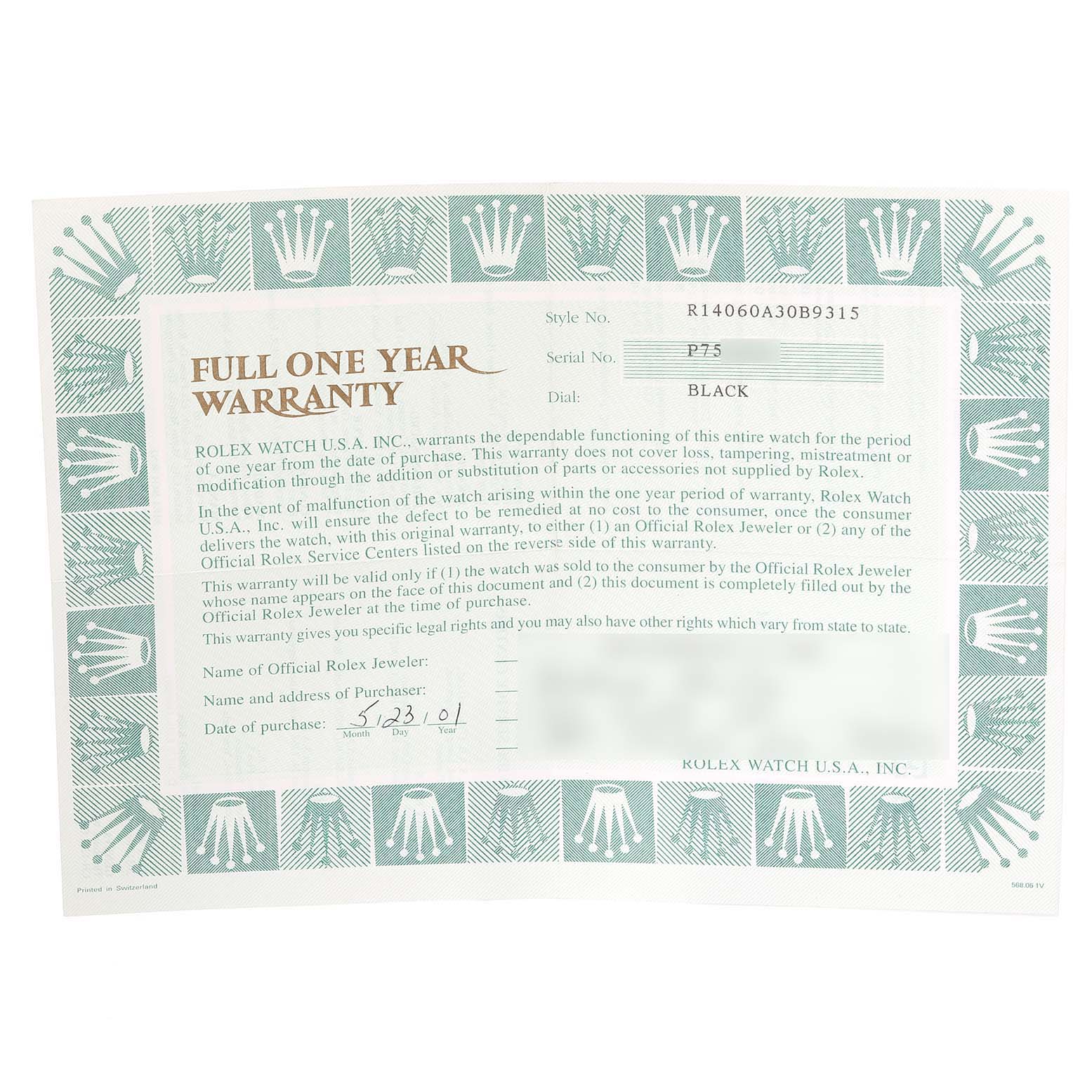 This image shows a full one-year warranty card for the Rolex Submariner 14060 Men
s Stainless Steel Black Dial 14060 Men
s Stainless Steel Black Dial watch.