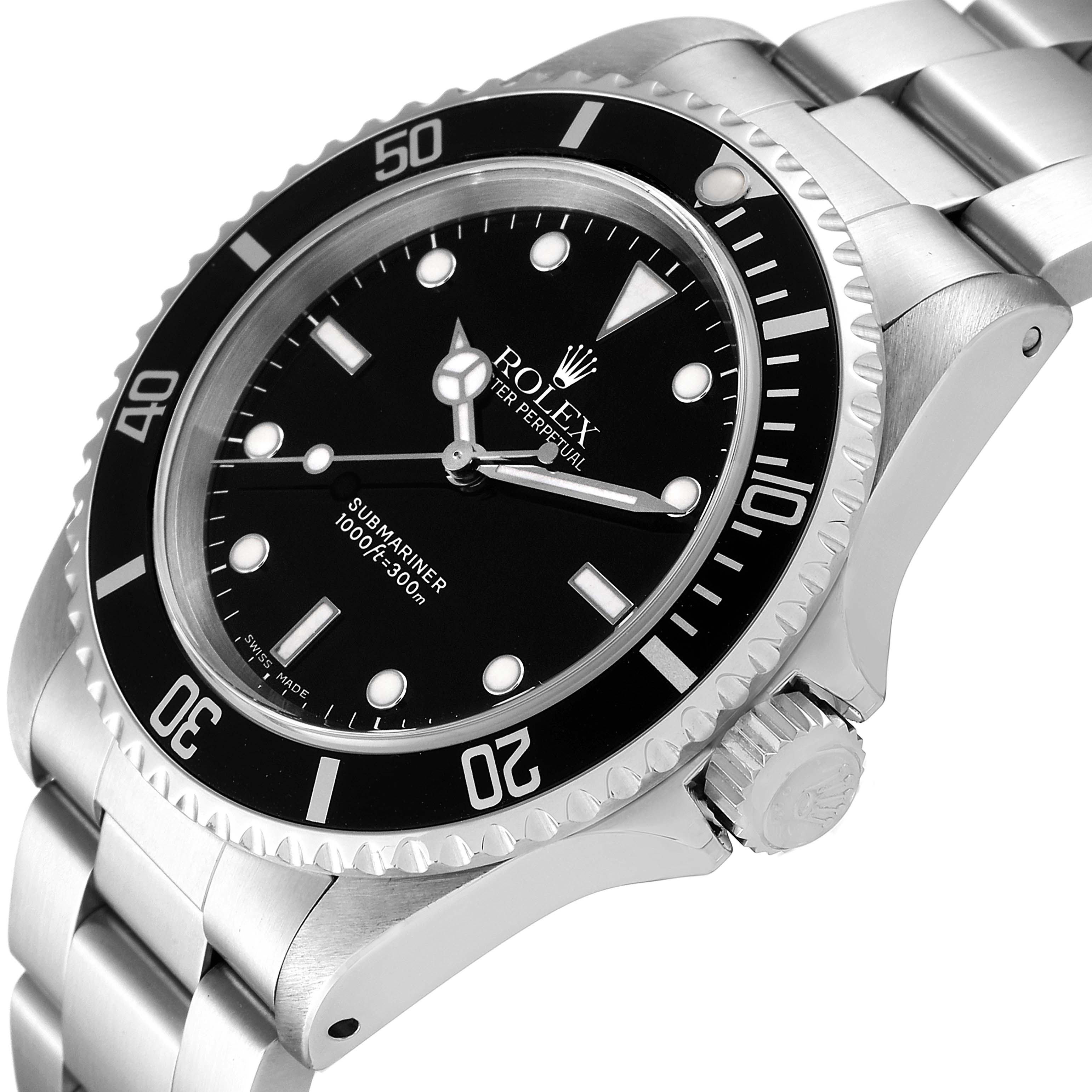 The image shows a close-up of the Rolex Submariner 14060 Men
s Stainless Steel Black Dial 14060 Men
s Stainless Steel Black Dial watch face, bezel, crown, and part of the bracelet from an angled side view.