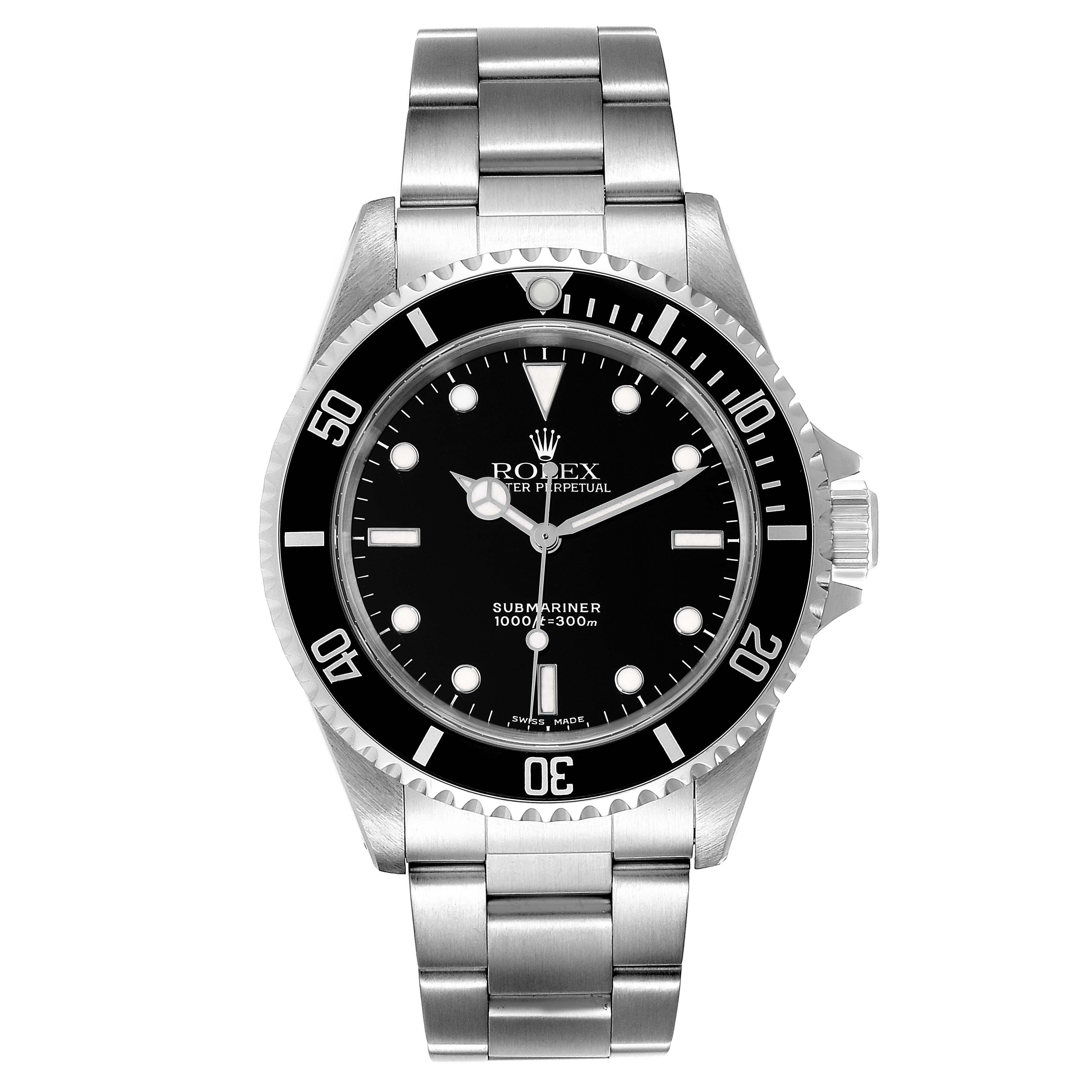 The image shows a Rolex Submariner 14060 Men
s Stainless Steel Black Dial 14060 Men
s Stainless Steel Black Dial watch from a front angle, displaying its dial, bezel, and stainless steel bracelet.