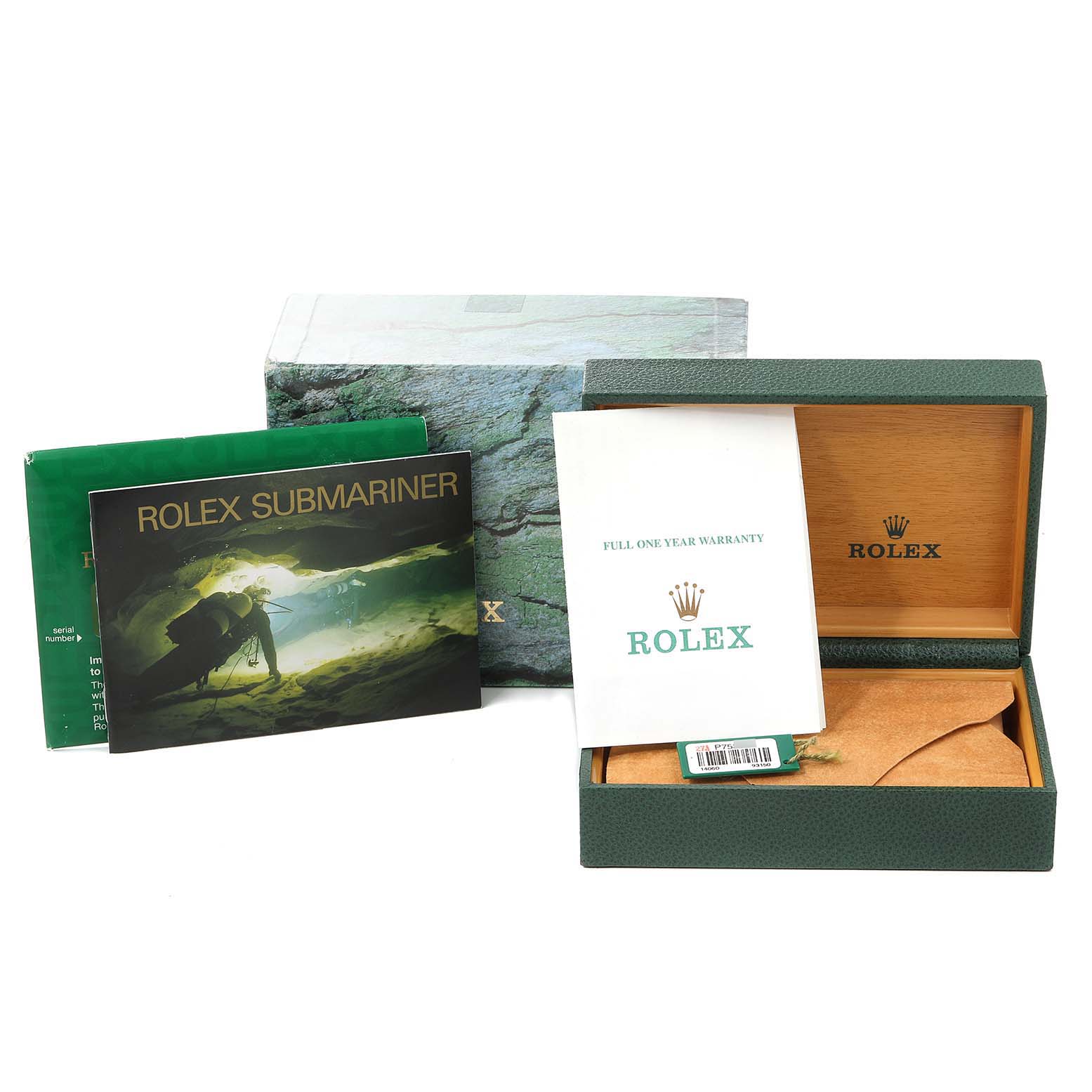 This image shows the packaging and booklets of a Rolex Submariner 14060 Men
s Stainless Steel Black Dial 14060 Men
s Stainless Steel Black Dial watch, including the outer box, inner box, and warranty cards.