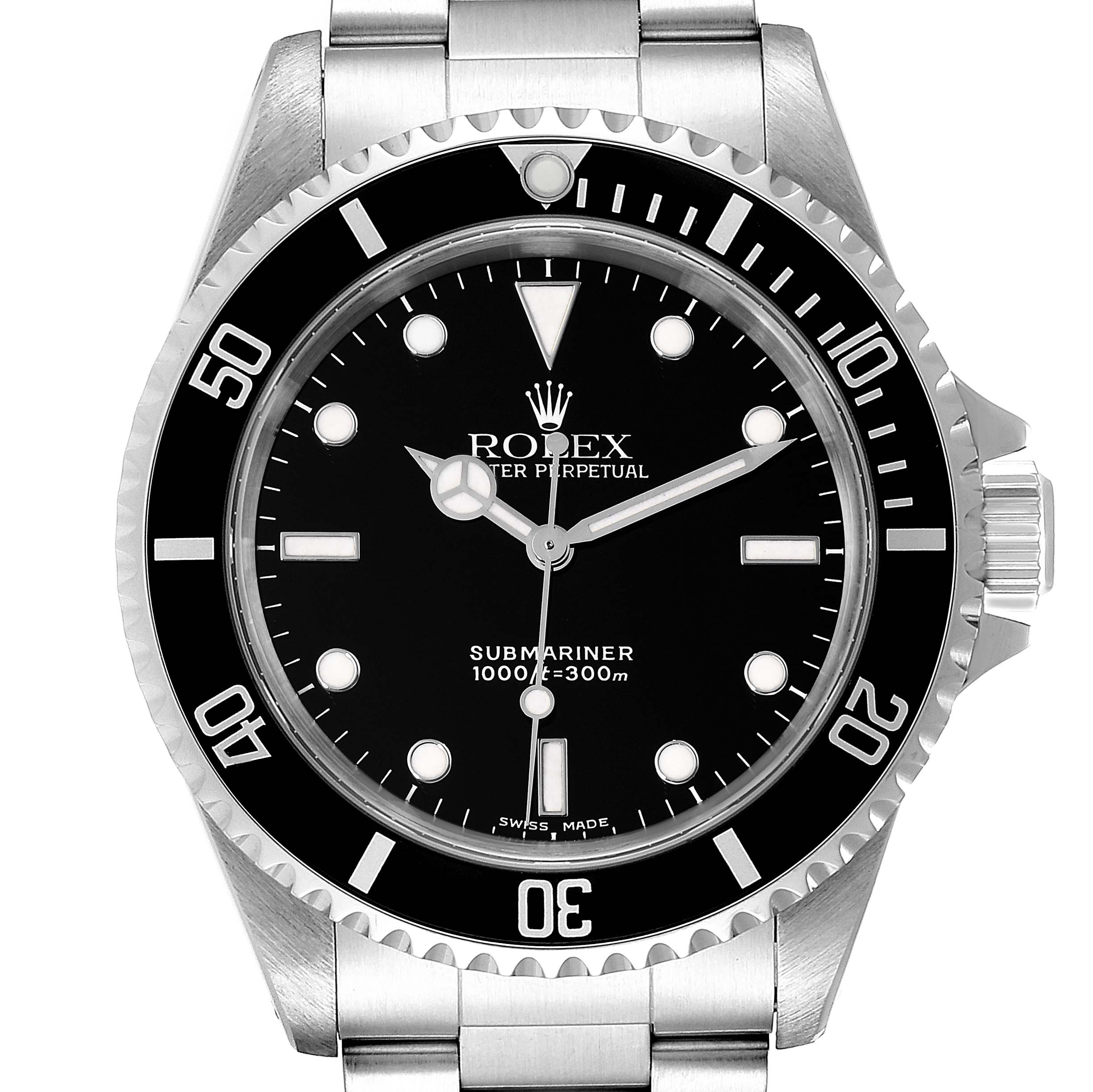 Front view of Rolex Submariner 14060 Men
s Stainless Steel Black Dial 14060 Men
s Stainless Steel Black Dial watch displaying the face, hands, bezel, and part of the bracelet.