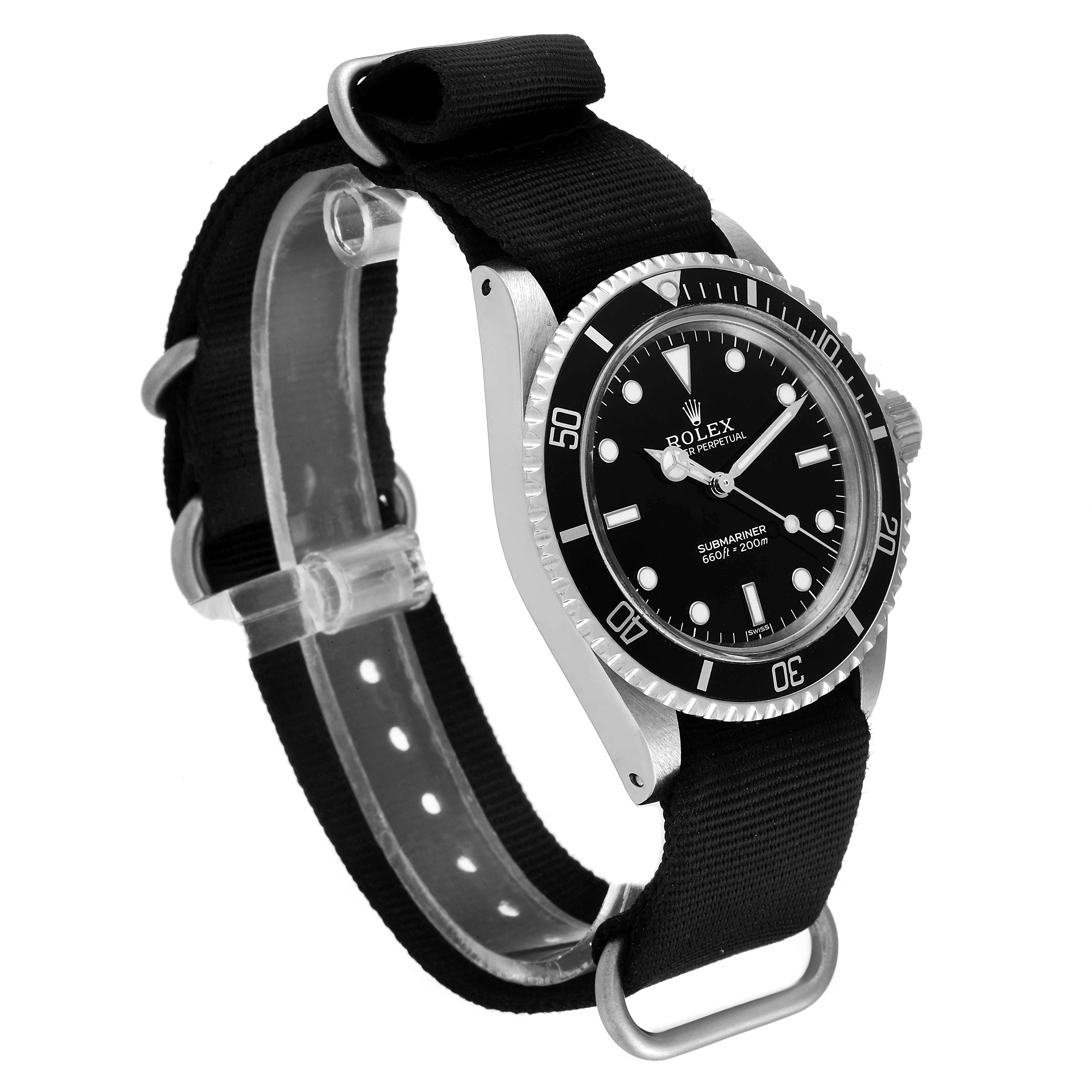 The image shows a side angle of the Rolex Vintage Collection 5513 Men
s Stainless Steel Black Dial 5513 Men
s Stainless Steel Black Dial model, highlighting the black dial, bezel, and strap.