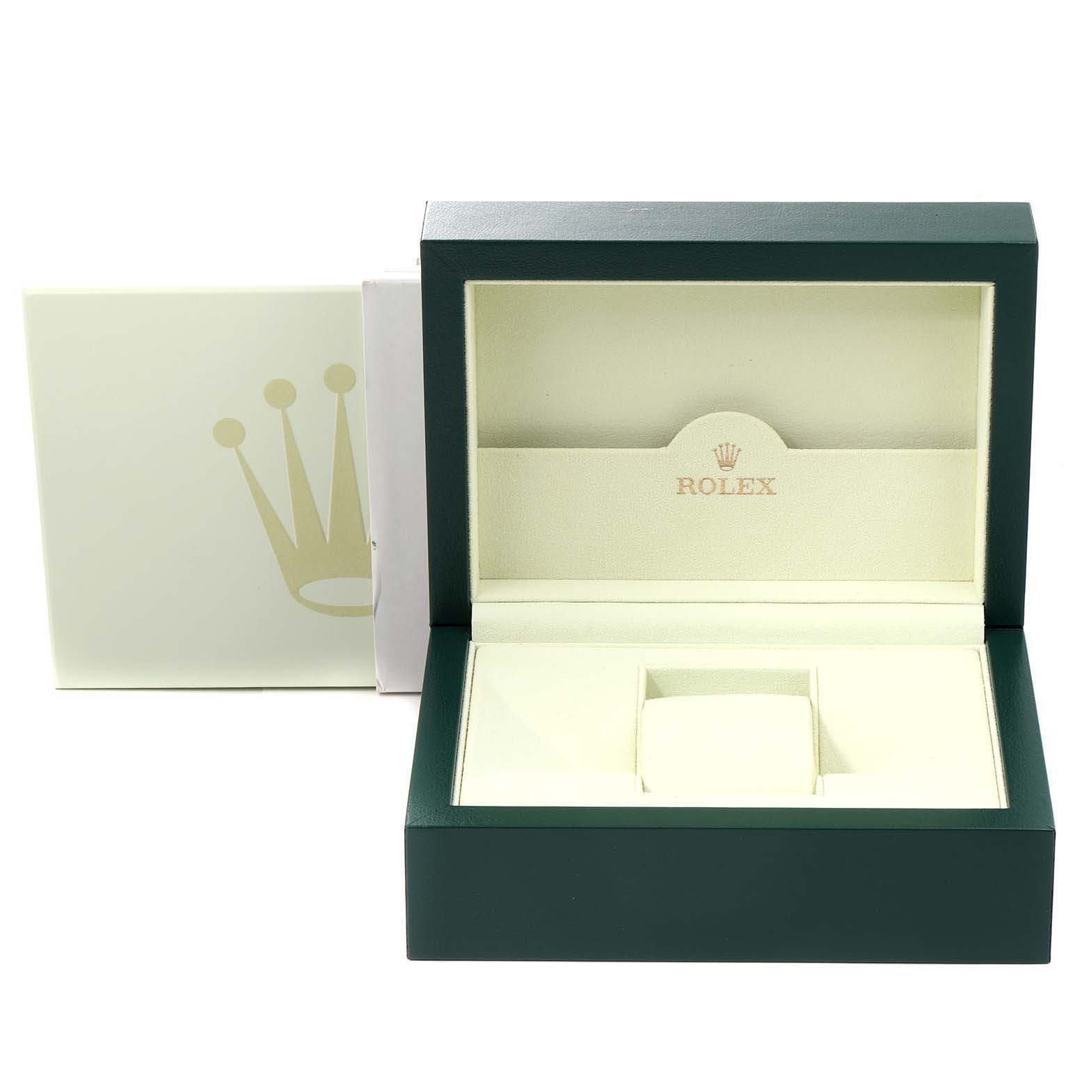 This image shows an open Rolex Vintage Collection 5513 Men
s Stainless Steel Black Dial 5513 Men
s Stainless Steel Black Dial watch box, emphasizing the interior compartments and Rolex logo.