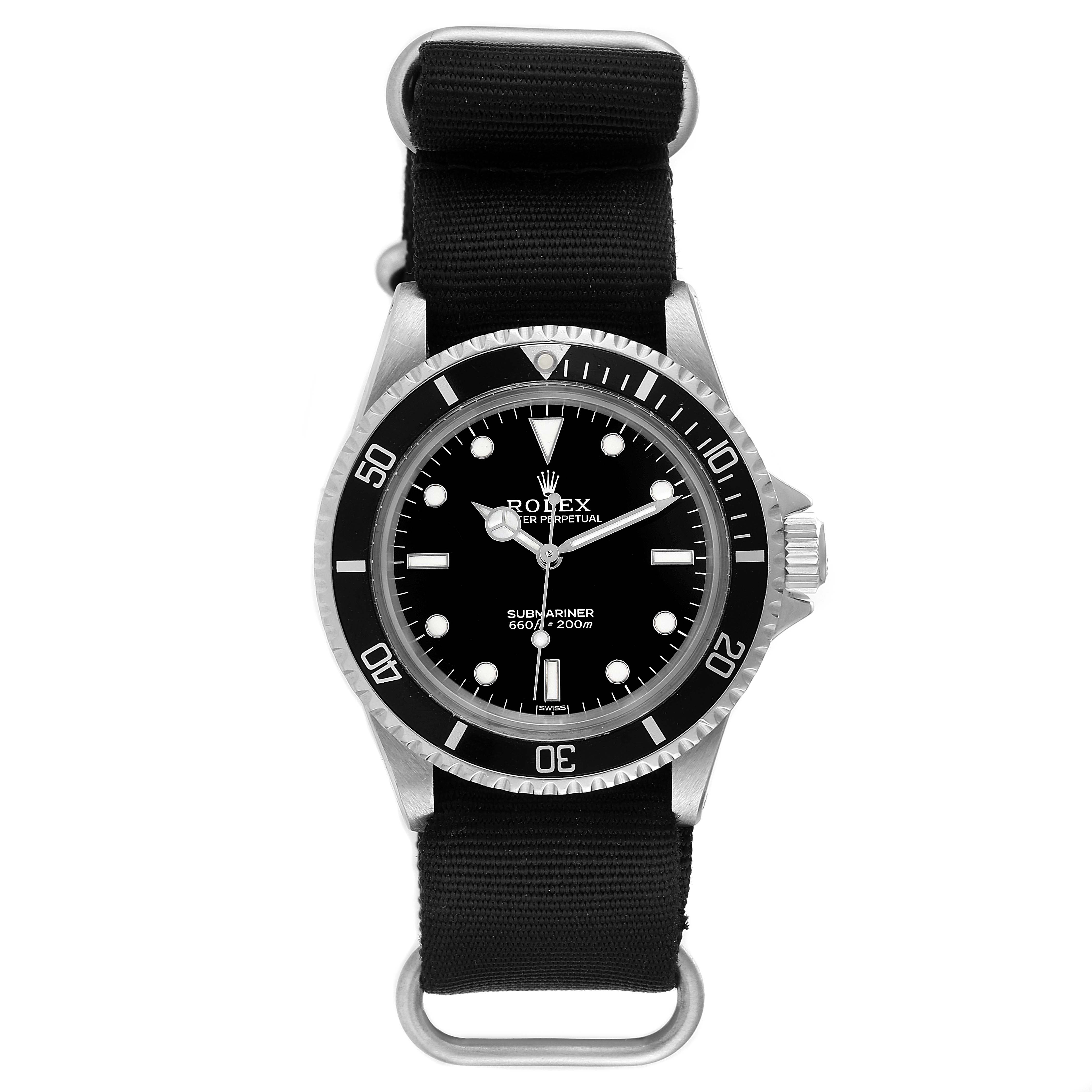 This image shows a front view of a Rolex Vintage Collection 5513 Men
s Stainless Steel Black Dial 5513 Men
s Stainless Steel Black Dial Submariner watch with a black dial and a black NATO strap.