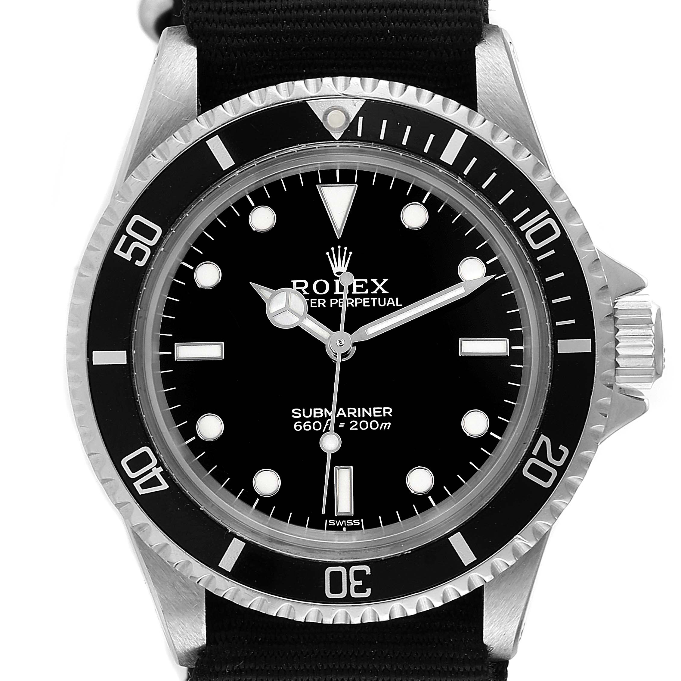 This is a front view of the Rolex Vintage Collection 5513 Men
s Stainless Steel Black Dial 5513 Men
s Stainless Steel Black Dial Submariner watch, showing the bezel, dial, hands, and crown.