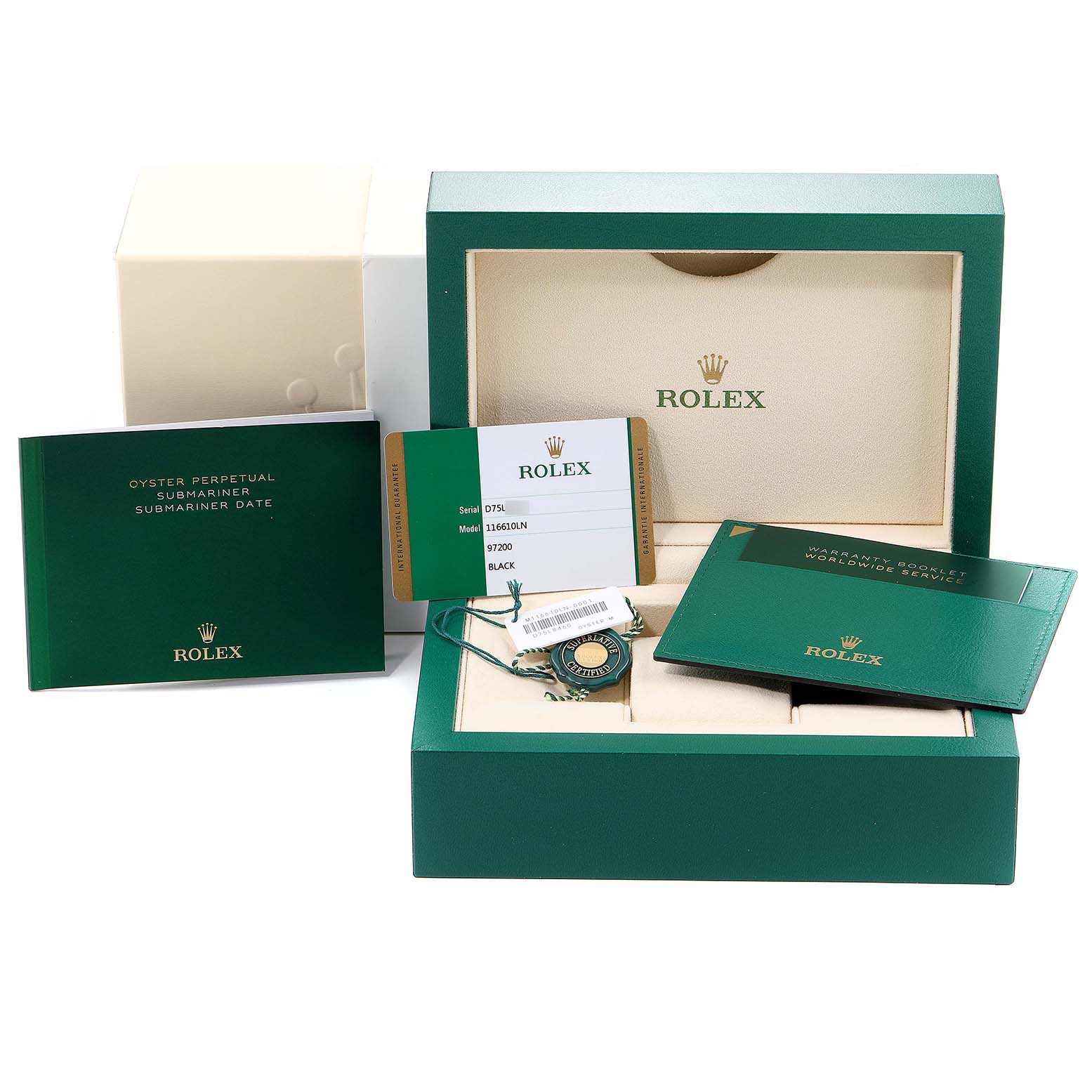 The image shows the packaging, warranty card, booklet, and tags for a Rolex Submariner 116610 Men's Stainless Steel Black Dial 116610 Men's Stainless Steel Black Dial watch.