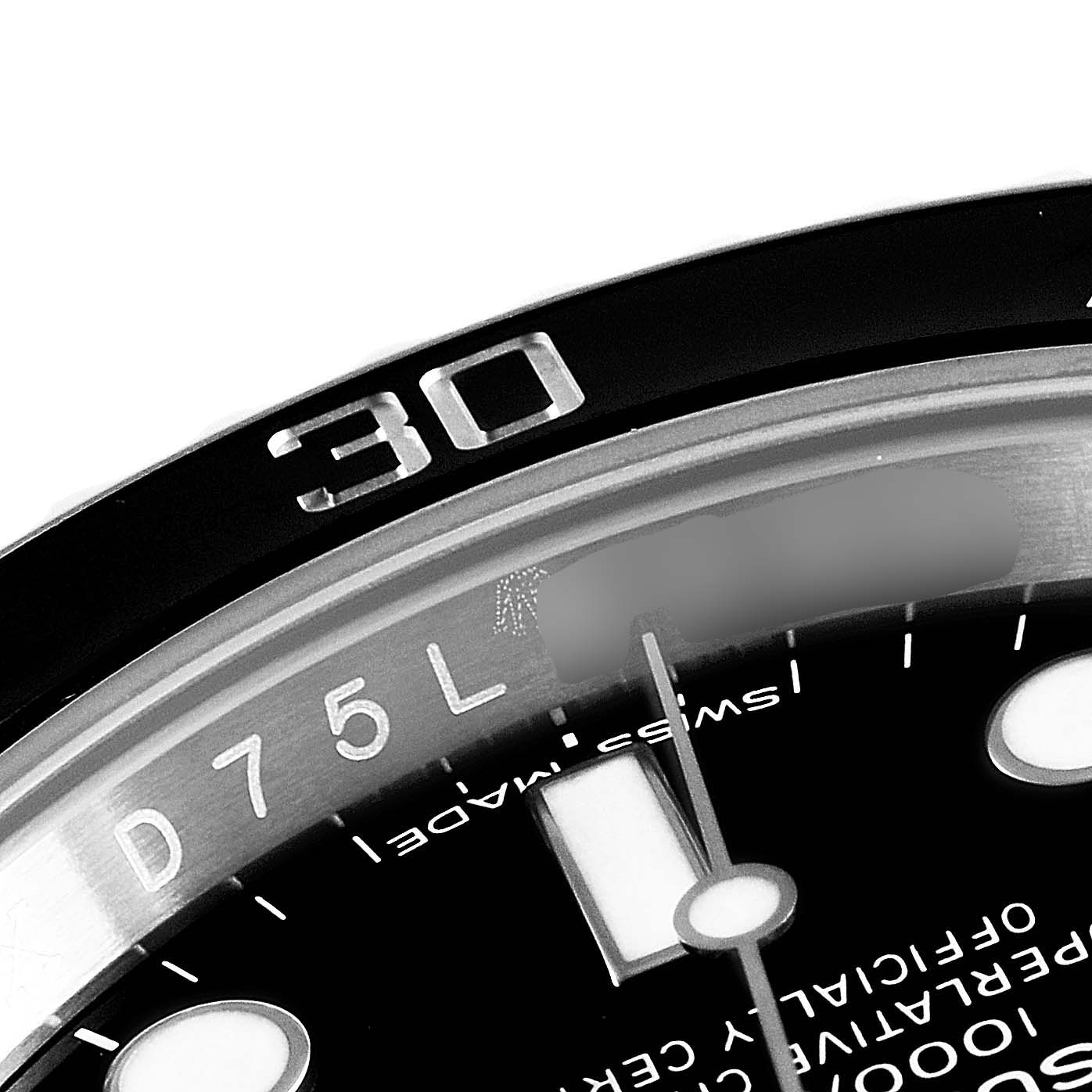 This image shows a close-up angle of the bezel and part of the dial of a Rolex Submariner 116610 Men's Stainless Steel Black Dial 116610 Men's Stainless Steel Black Dial watch, including the "30" minute mark.