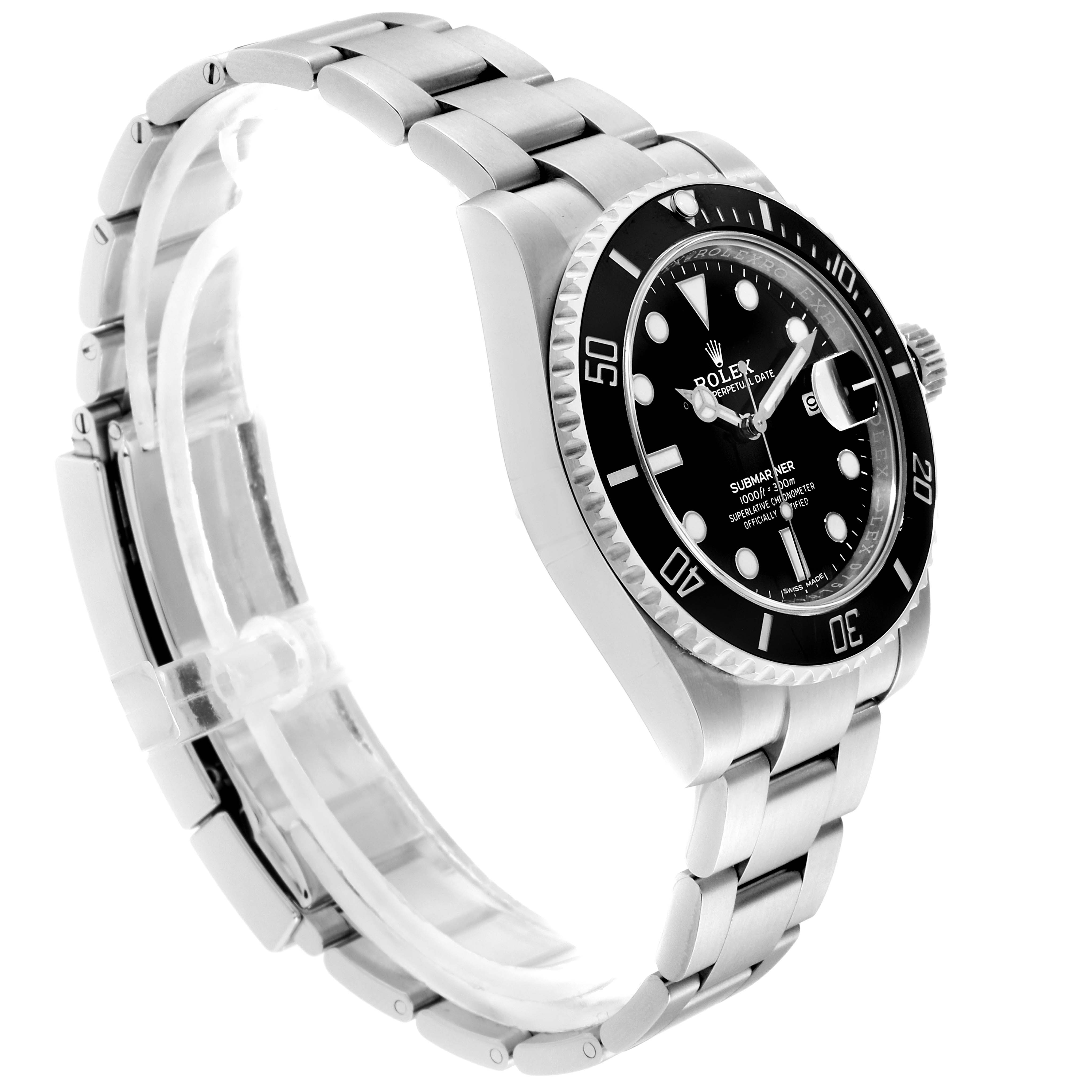 The image shows a side angle of the Rolex Submariner 116610 Men's Stainless Steel Black Dial 116610 Men's Stainless Steel Black Dial, focusing on its bracelet, case, bezel, and dial.