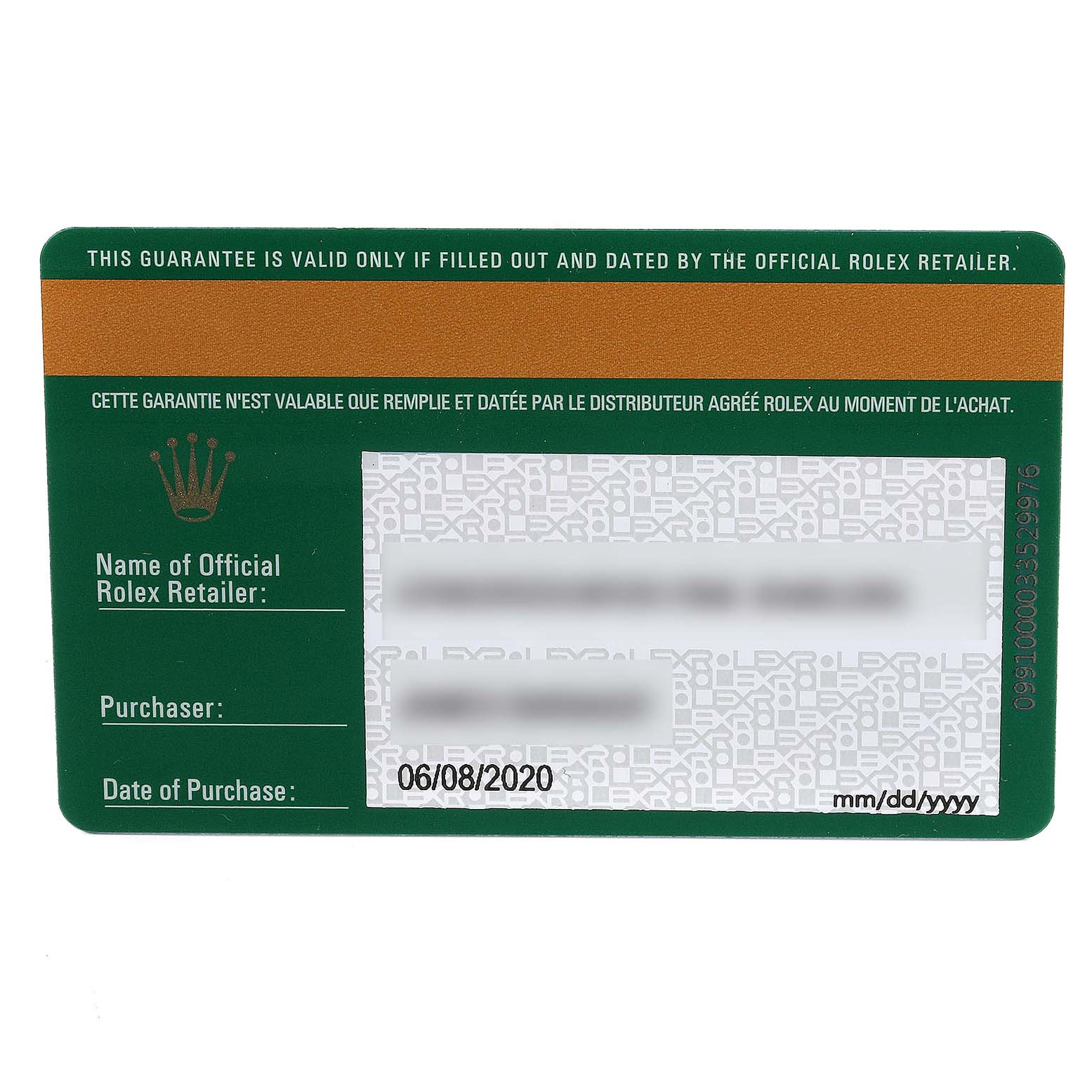 This image shows a warranty card for the Rolex Submariner 116610 Men's Stainless Steel Black Dial 116610 Men's Stainless Steel Black Dial watch.