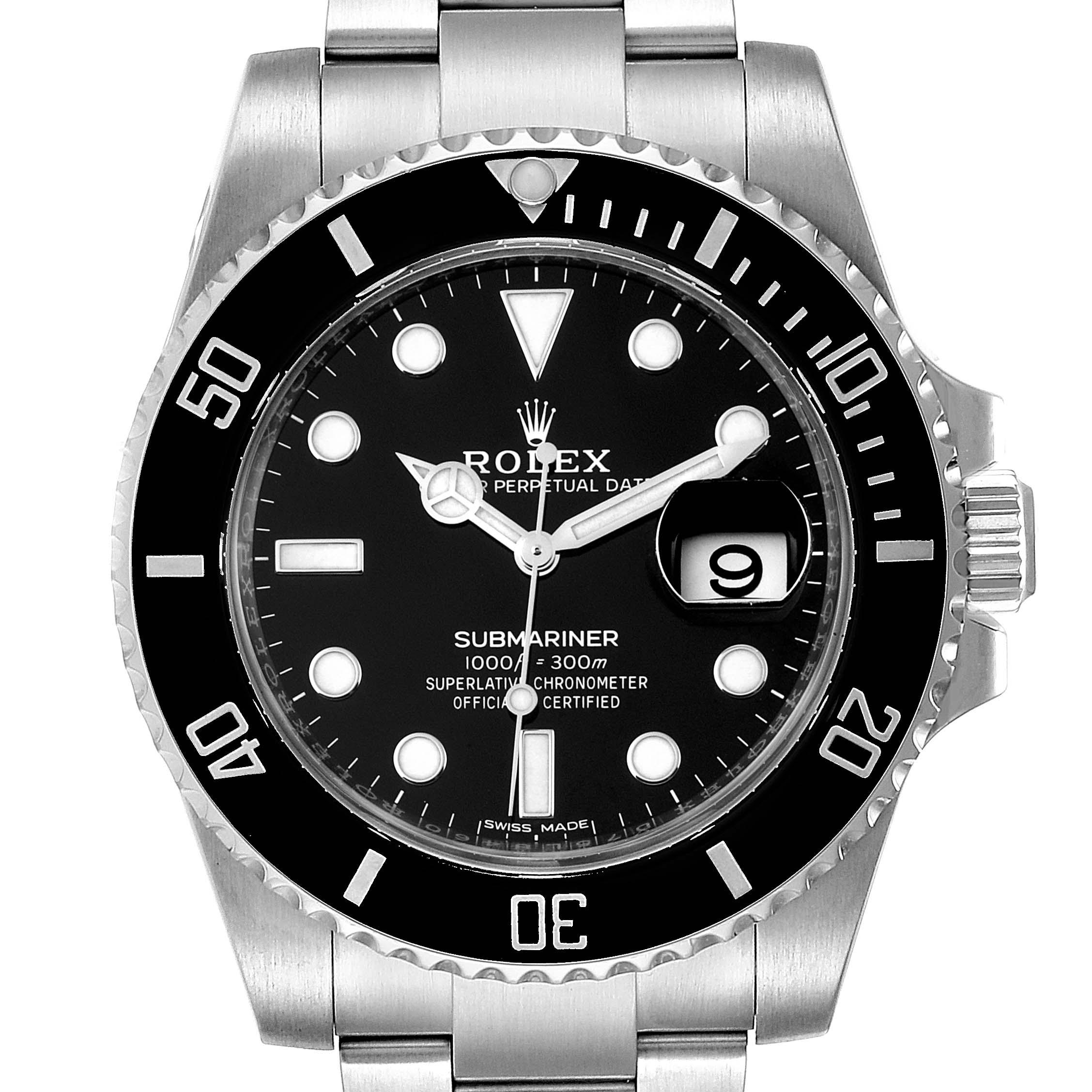The image shows the front view of a Rolex Submariner 116610 Men's Stainless Steel Black Dial 116610 Men's Stainless Steel Black Dial watch, displaying its dial, bezel, crown, and bracelet.