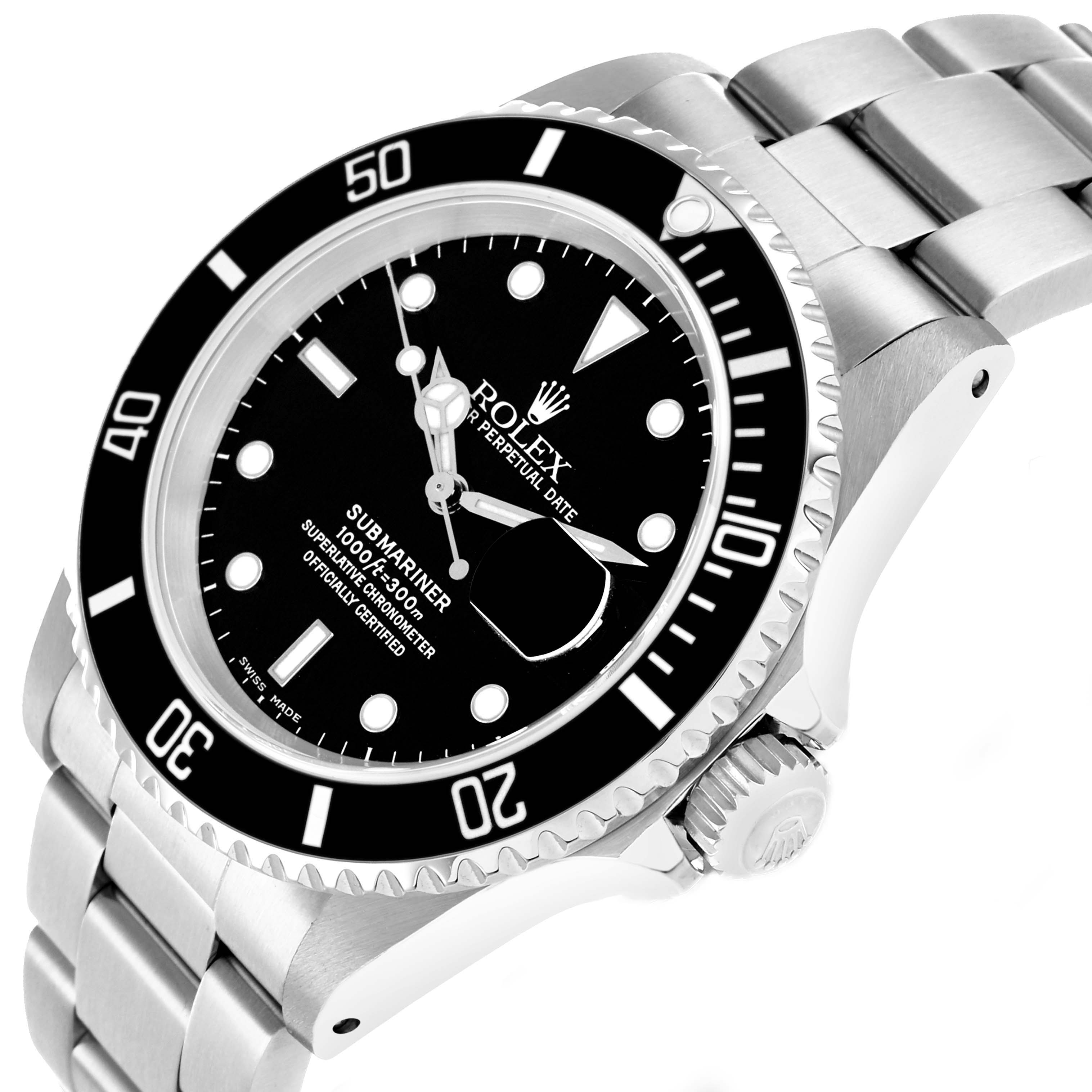The Rolex Submariner 16610 Men's Stainless Steel Black Dial watch is shown at an angled view, highlighting the dial, bezel, and stainless steel bracelet.