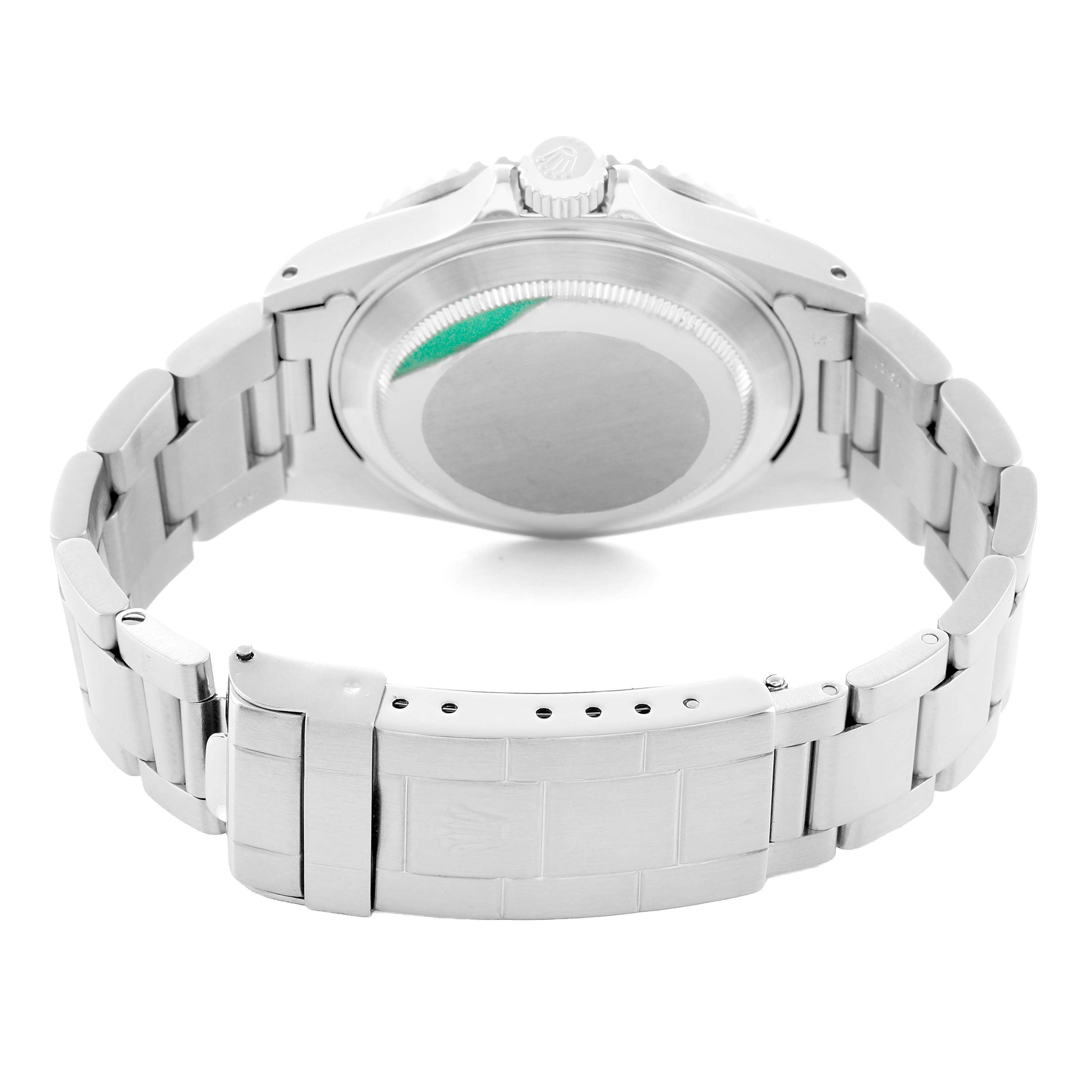 The image shows the back and bracelet of a Rolex Submariner 16610 Men's Stainless Steel Black Dial, highlighting the case back and clasp.