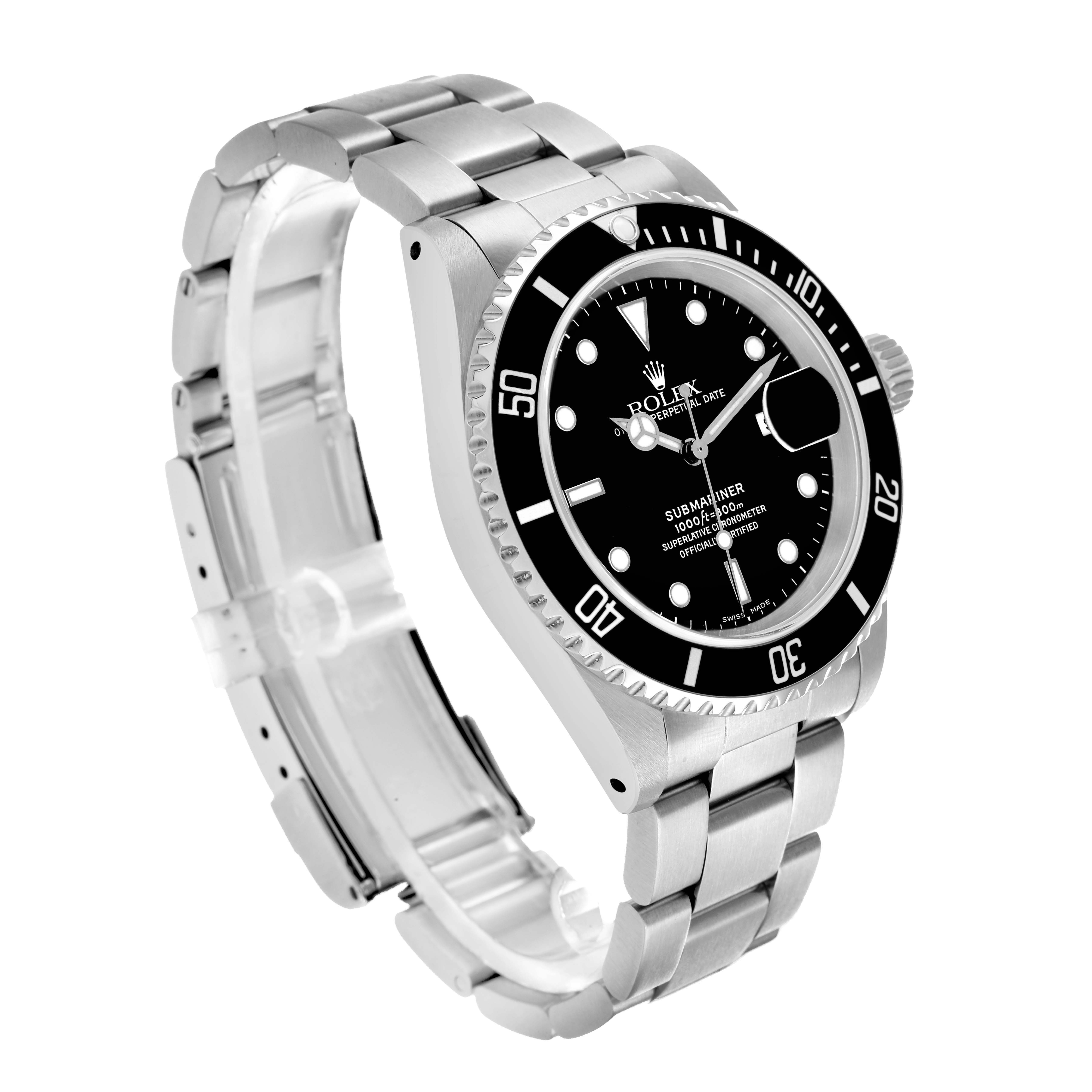 The Rolex Submariner 16610 Men's Stainless Steel Black Dial watch is shown at a three-quarter angle, displaying the dial, bezel, and bracelet.