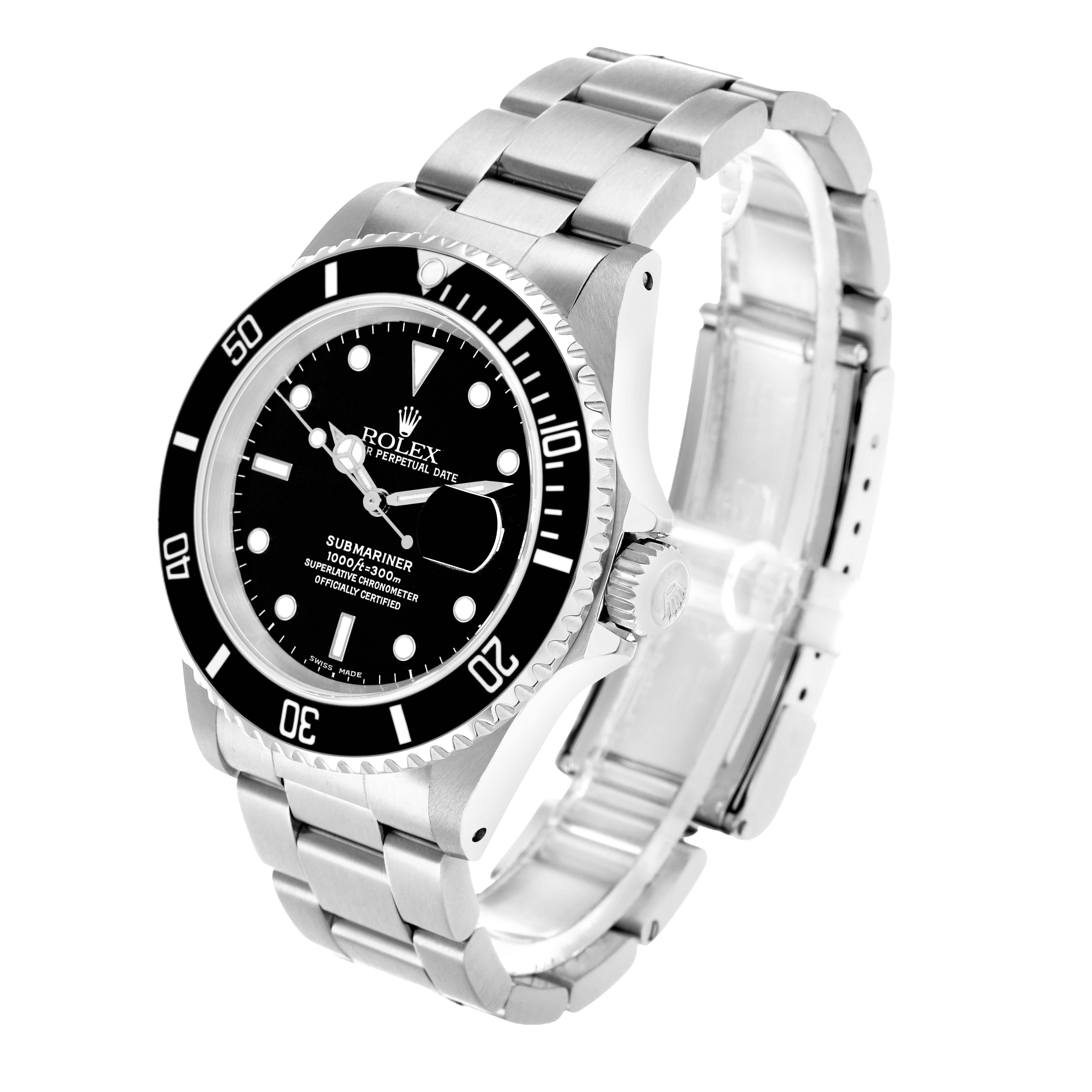 The Rolex Submariner 16610 Men's Stainless Steel Black Dial watch is shown at a tilted angle, highlighting the bezel, dial, hands, crown, and stainless steel bracelet.