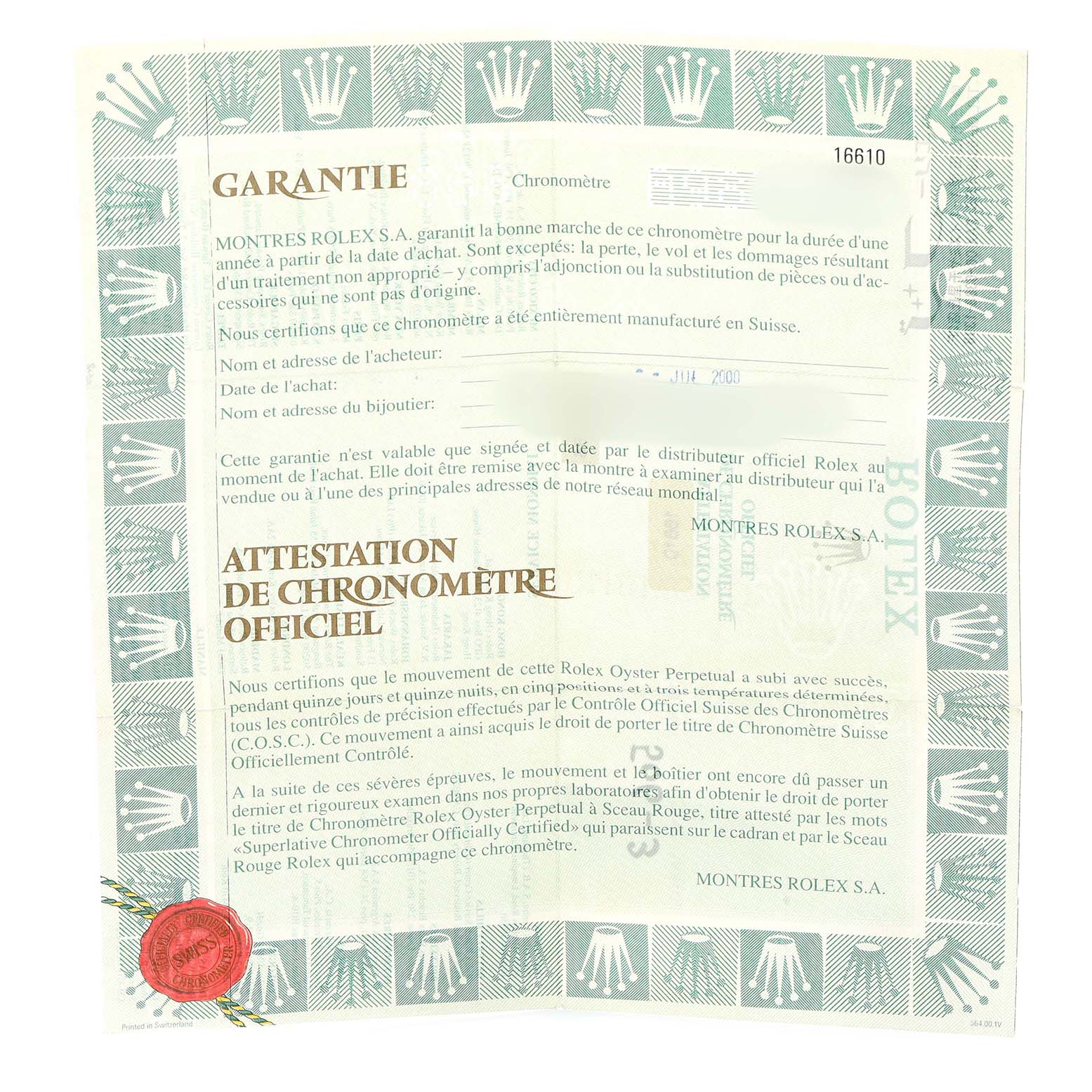 The image shows a warranty certificate for a Rolex Submariner 16610 Men's Stainless Steel Black Dial watch, featuring text and a decorative border.