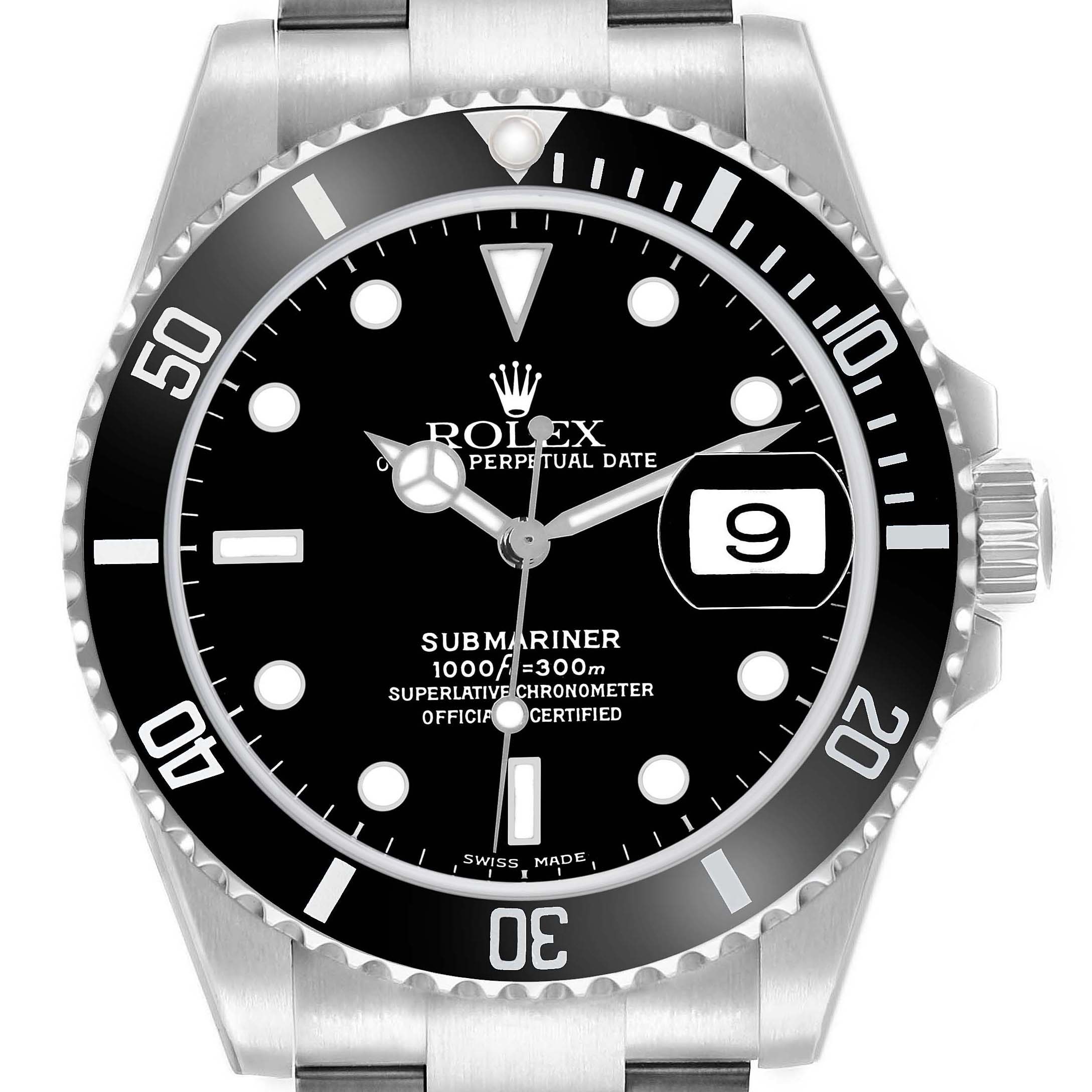The image shows a front view of a Rolex Submariner 16610 Men's Stainless Steel Black Dial watch, displaying the dial, bezel, hands, and date magnification.