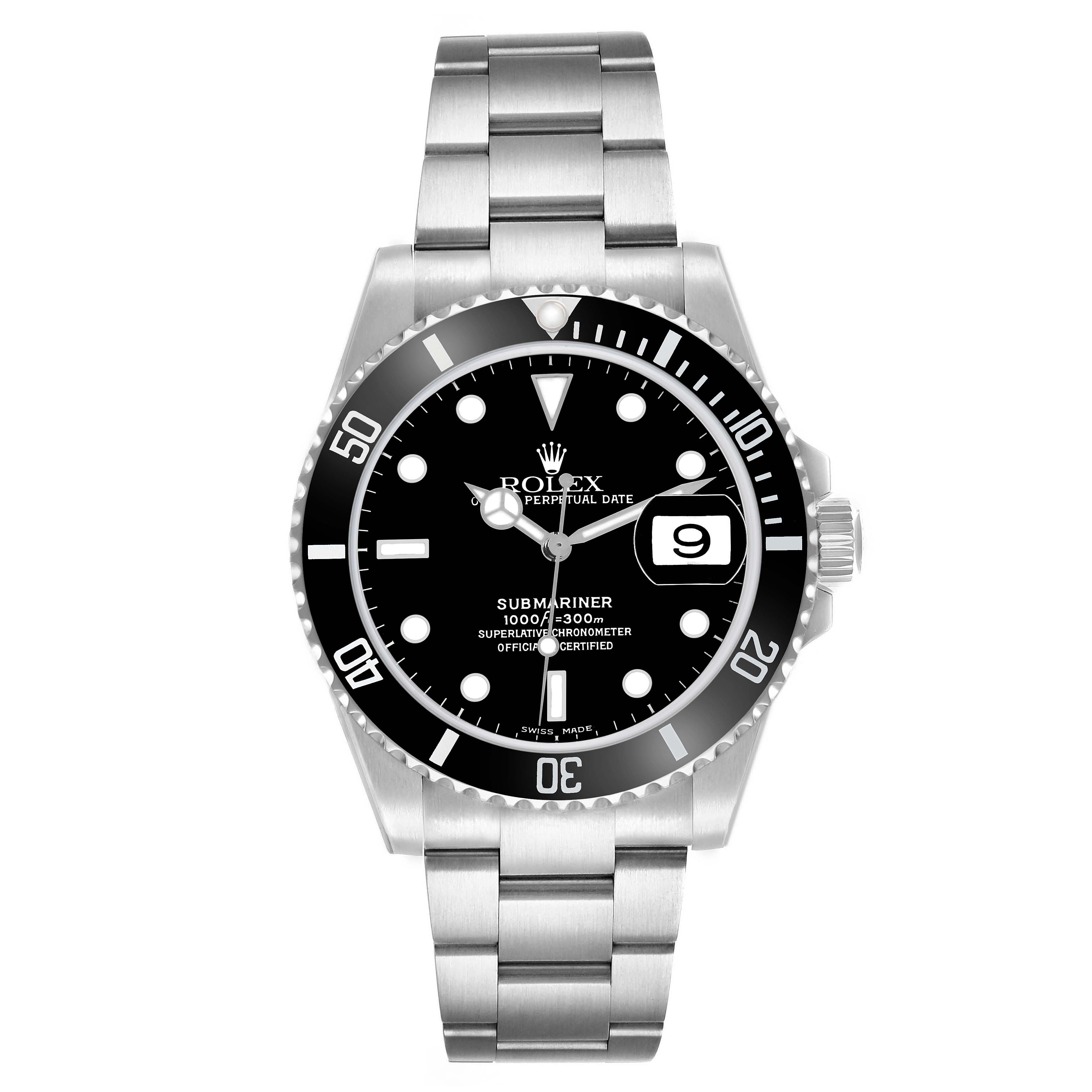 The Rolex Submariner 16610 Men's Stainless Steel Black Dial watch is shown from a top view, displaying its face, bezel, crown, and bracelet.