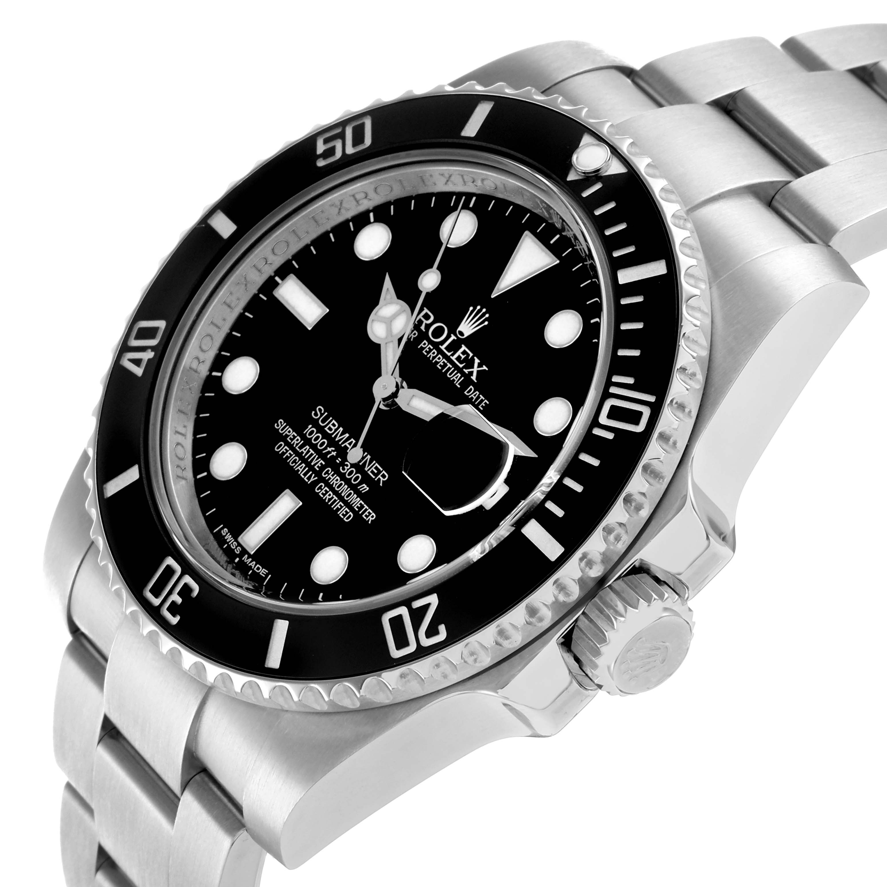 The Rolex Submariner 116610 Men
s Stainless Steel Black Dial is shown at a three-quarter angle, displaying the face, bezel, case, bracelet, and crown.