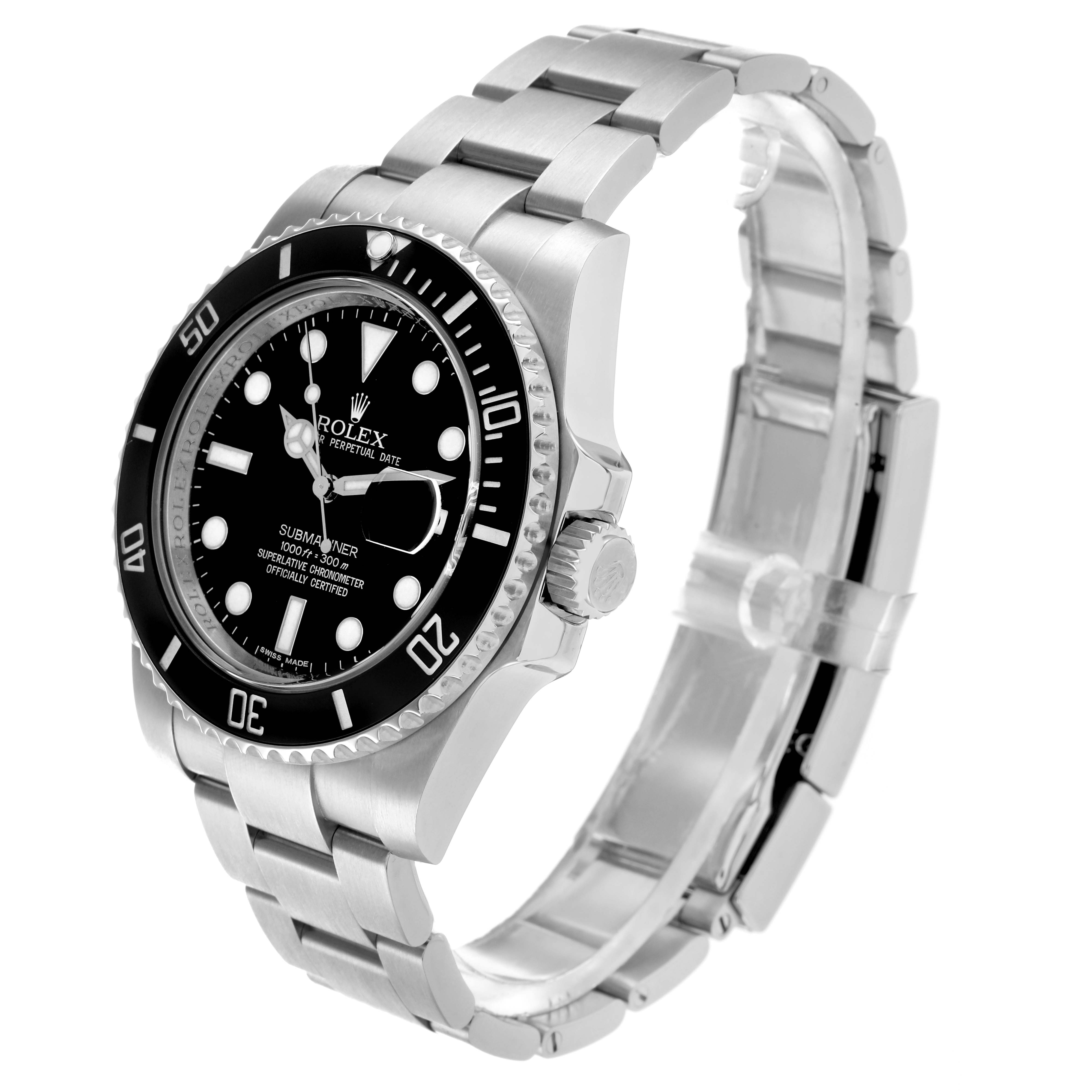 The Rolex Submariner 116610 Men
s Stainless Steel Black Dial is shown at an angled side view, displaying the bezel, dial, crown, and bracelet.