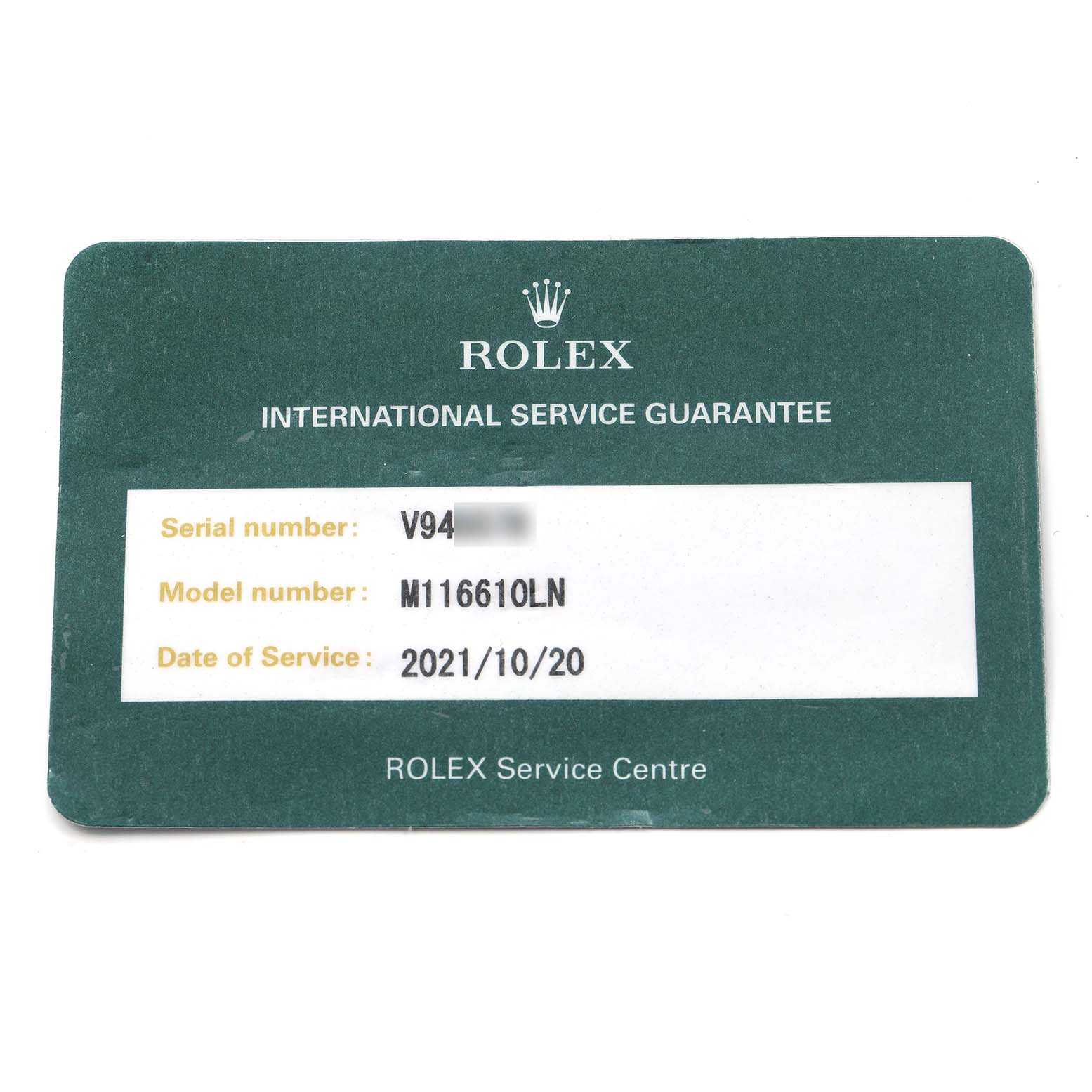 The image shows a Rolex Submariner 116610 Men
s Stainless Steel Black Dial service guarantee card, detailing model M116610LN and serial number.
