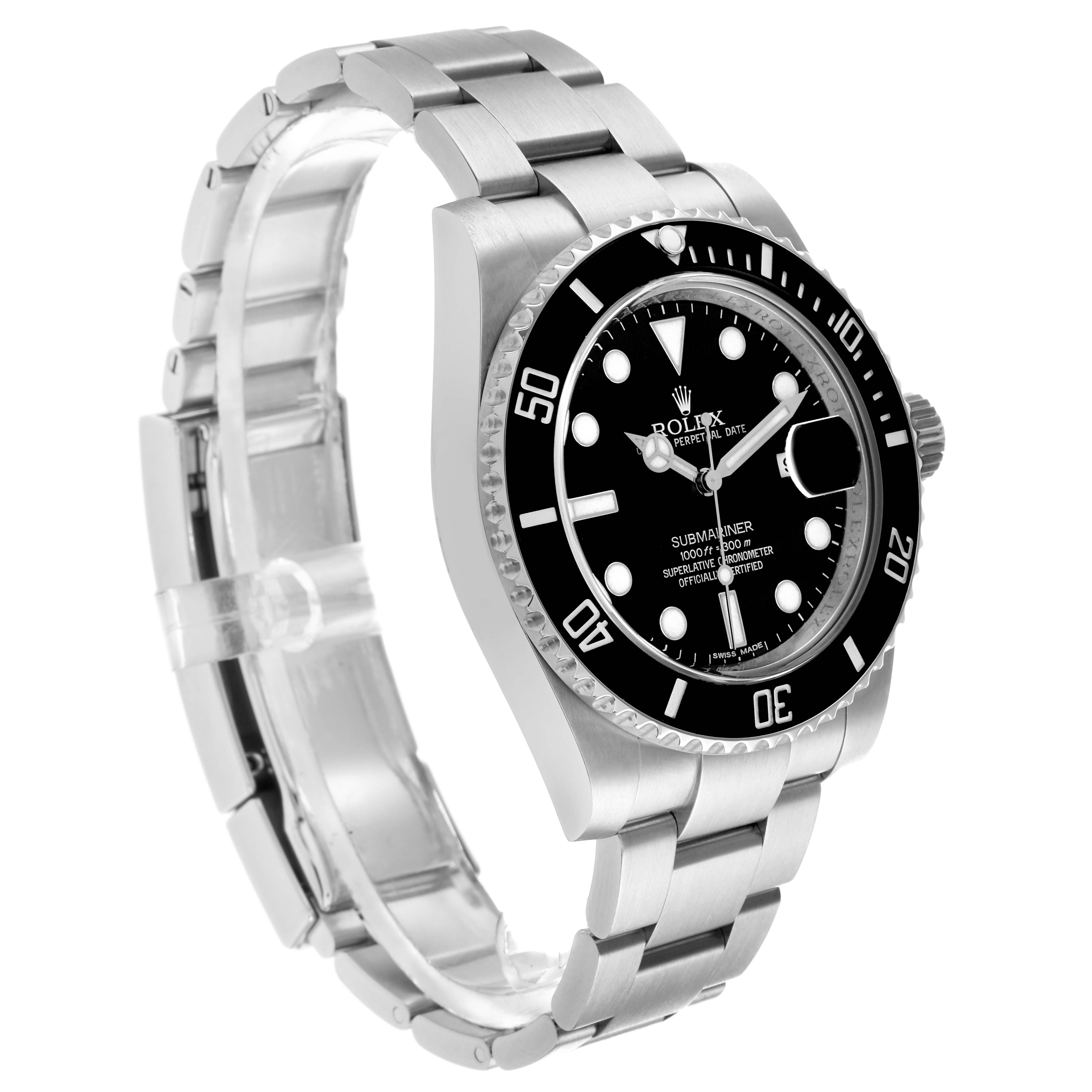 The Rolex Submariner 116610 Men
s Stainless Steel Black Dial watch is shown from a three-quarter view, highlighting the dial, bezel, crown, and stainless steel bracelet.