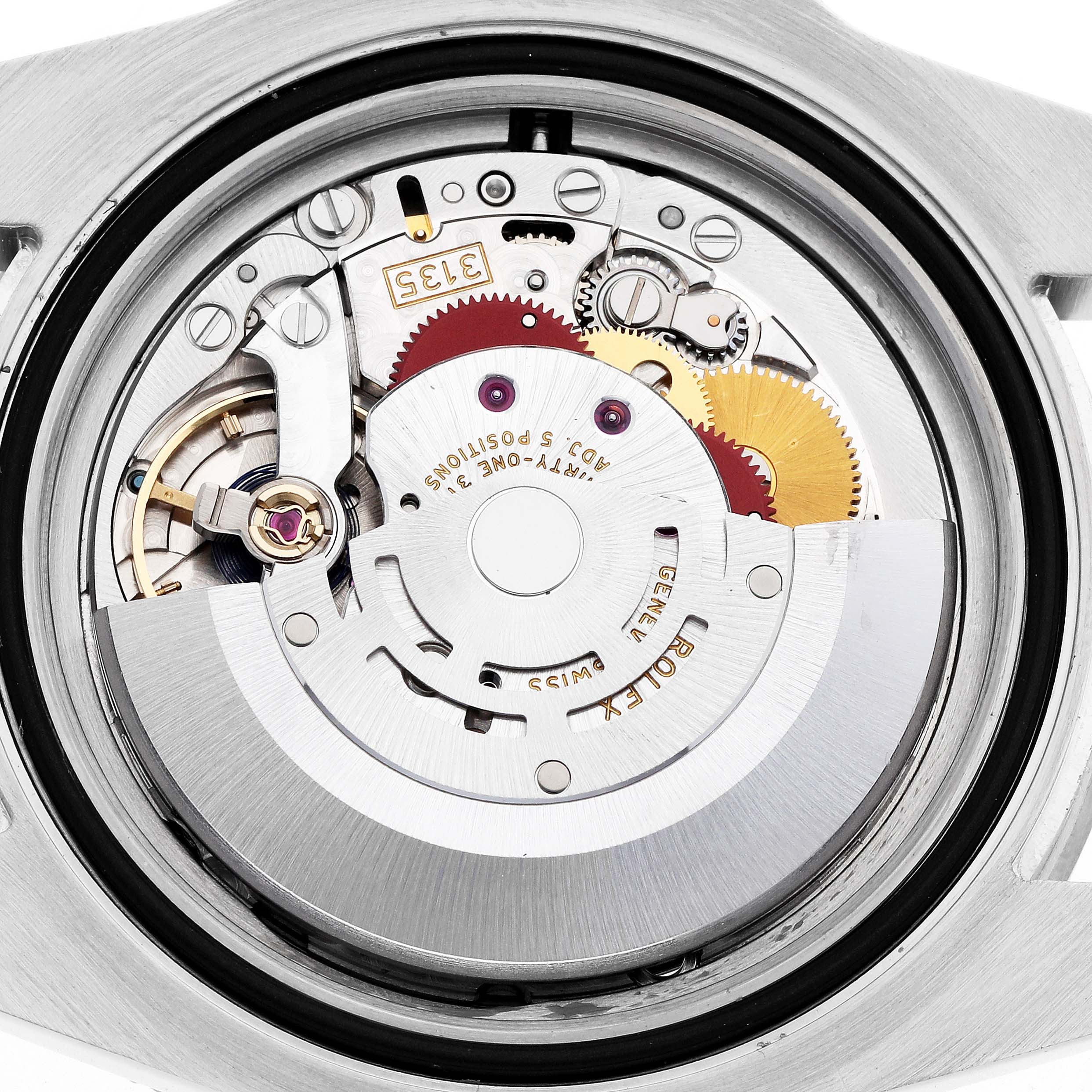 The image shows the movement of a Rolex Submariner 116610 Men
s Stainless Steel Black Dial, focusing on gears and internal mechanical parts.