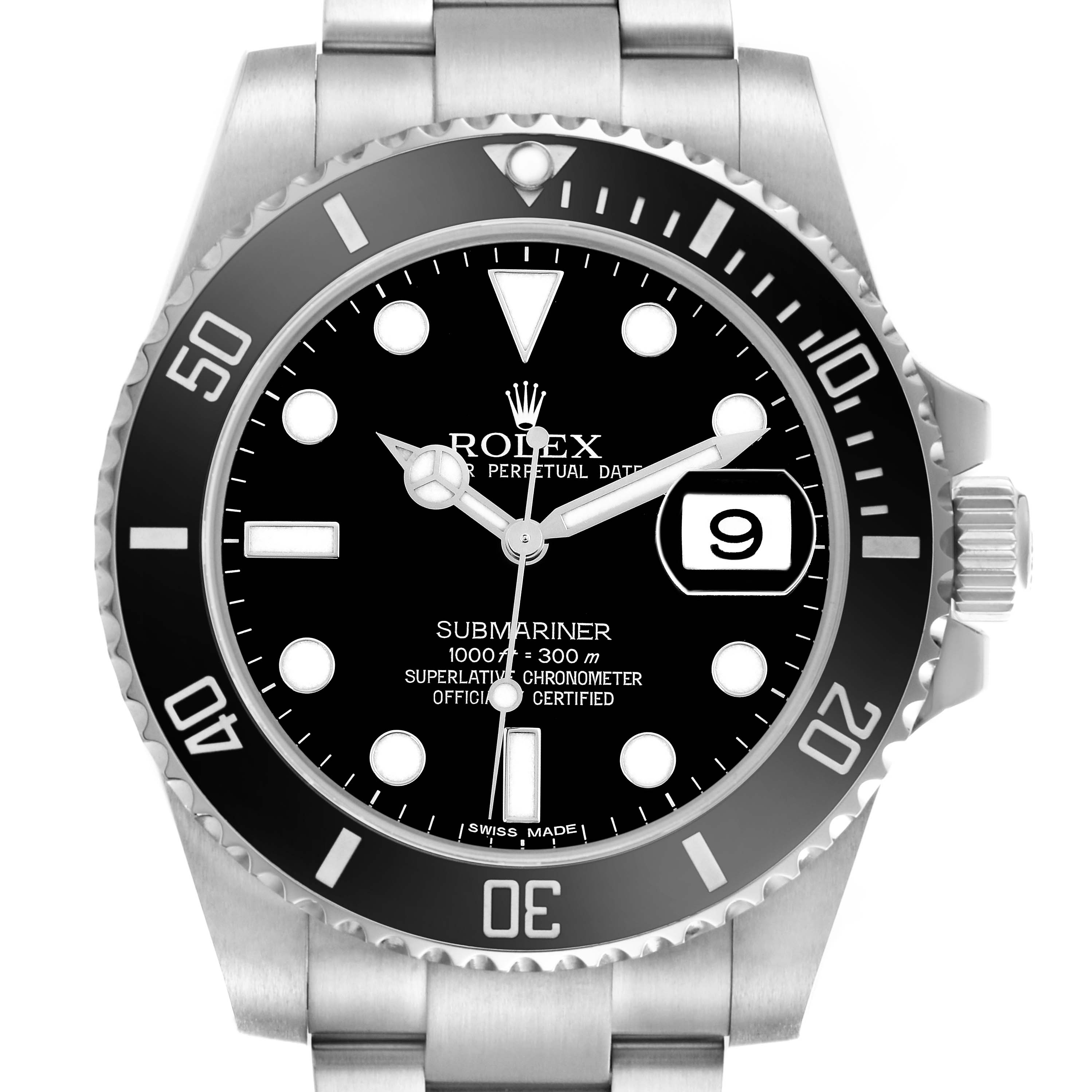 The Rolex Submariner 116610 Men
s Stainless Steel Black Dial watch is shown from the front, highlighting the dial, bezel, and part of the bracelet.