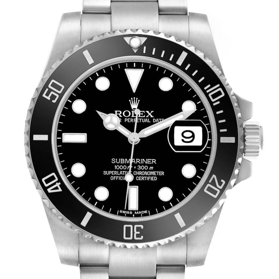 The Rolex Submariner 116610 Men's Stainless Steel Black Dial watch is shown from the front, highlighting the dial, bezel, and part of the bracelet.