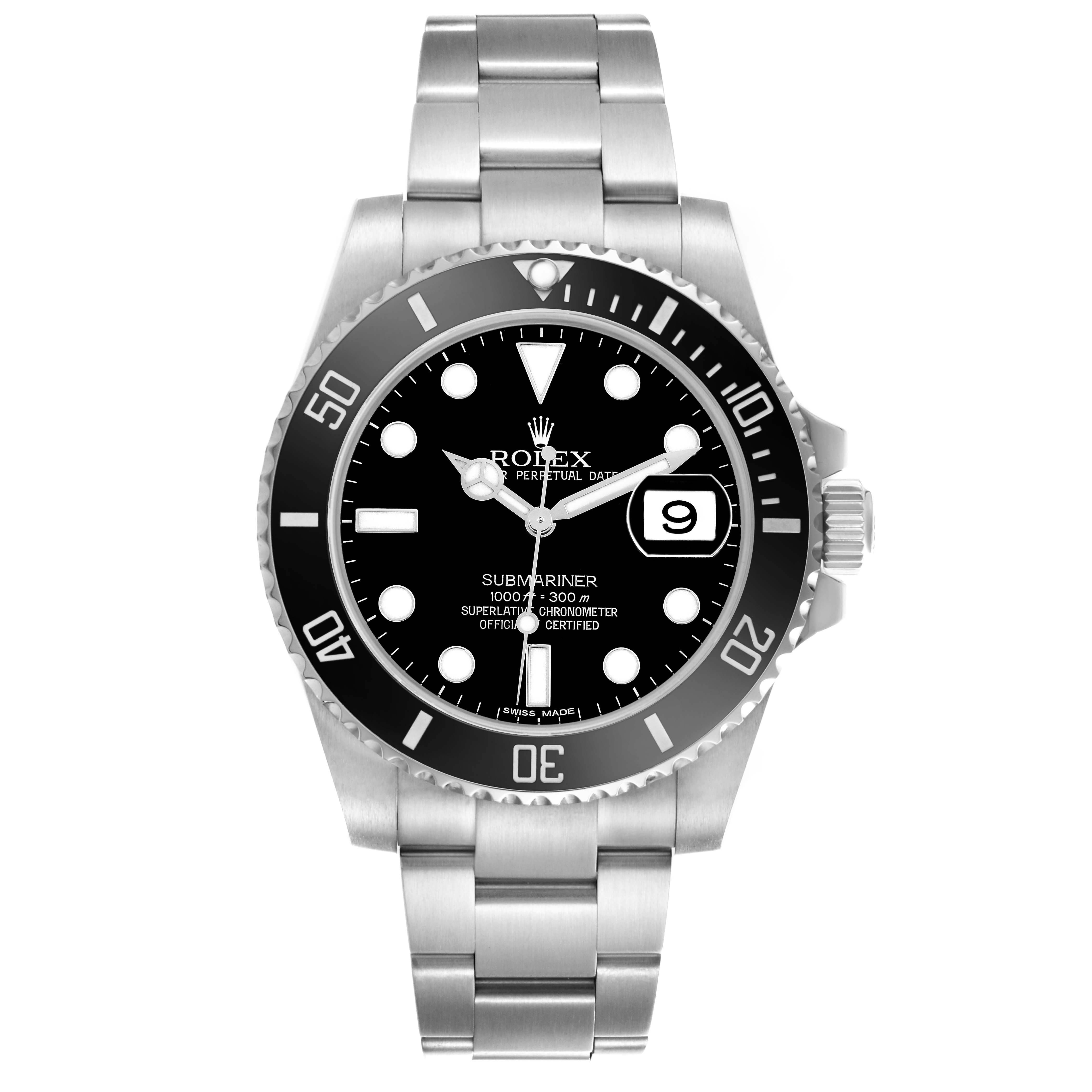 The Rolex Submariner 116610 Men
s Stainless Steel Black Dial is shown from a front angle, displaying its bezel, dial, hands, bracelet, and date window.