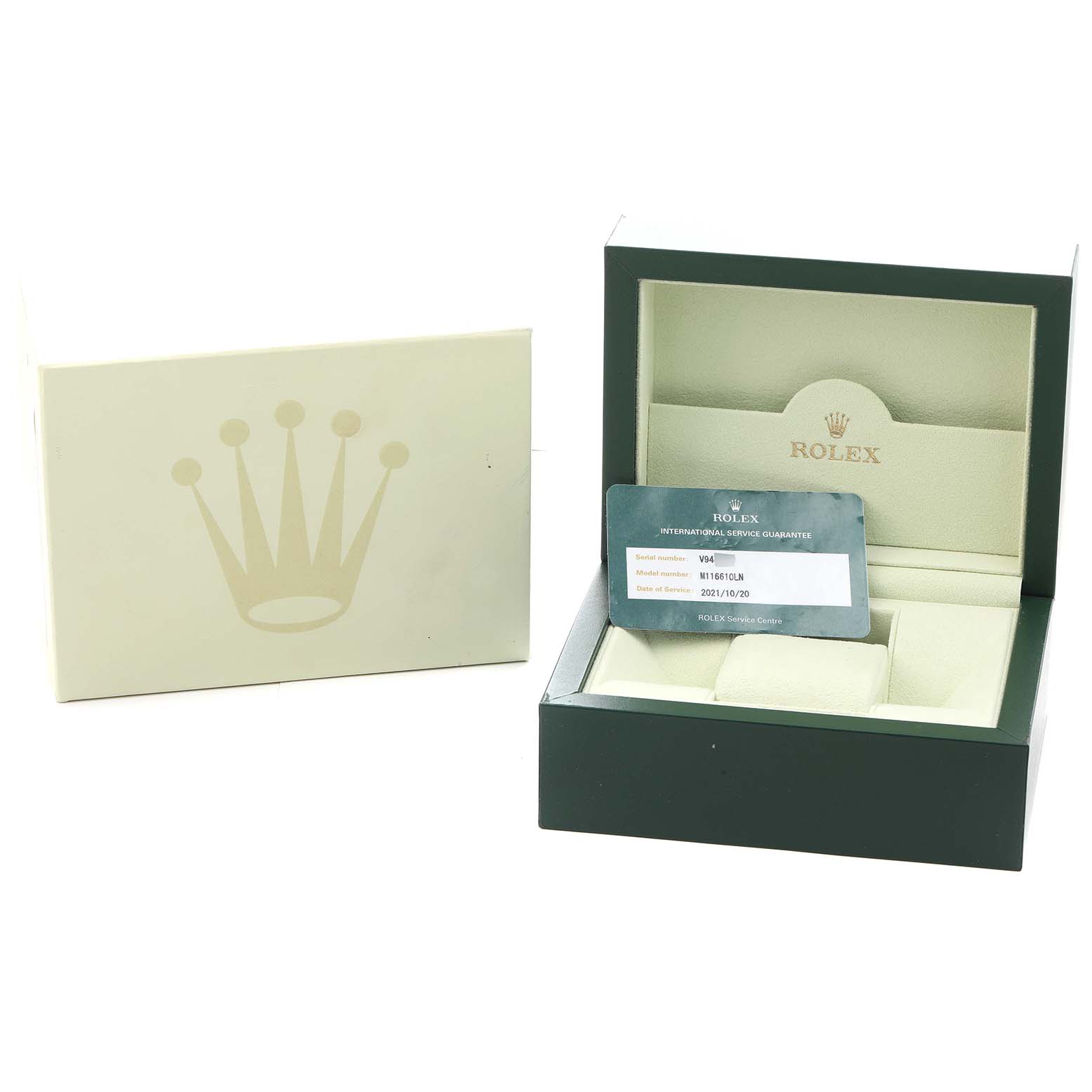 The image shows a Rolex Submariner 116610 Men
s Stainless Steel Black Dial box, guarantee card, and outer packaging with no watch visible.