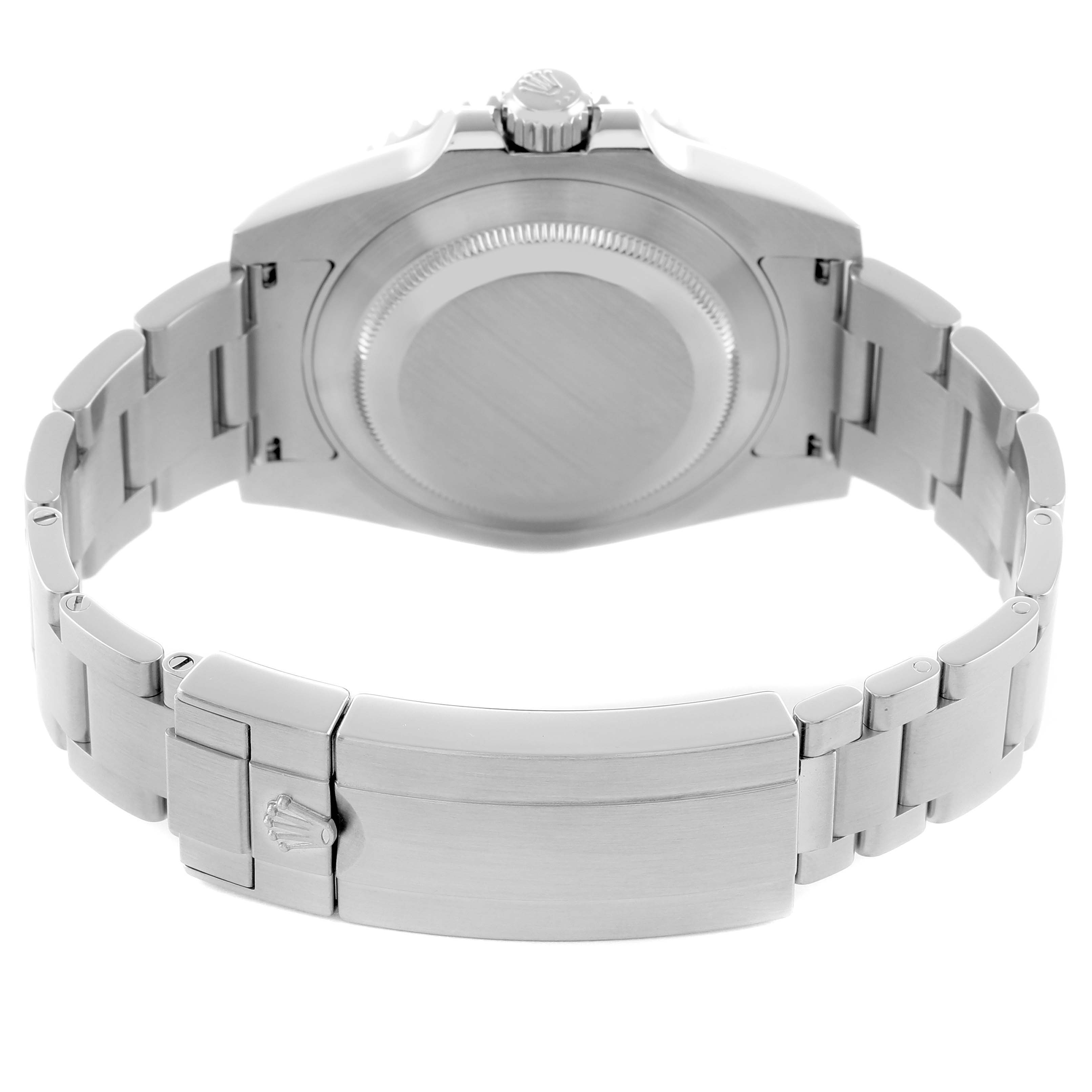 The image shows the back of a Rolex Submariner 116610 Men
s Stainless Steel Black Dial, highlighting its clasp, bracelet, and case back from a rear angle.