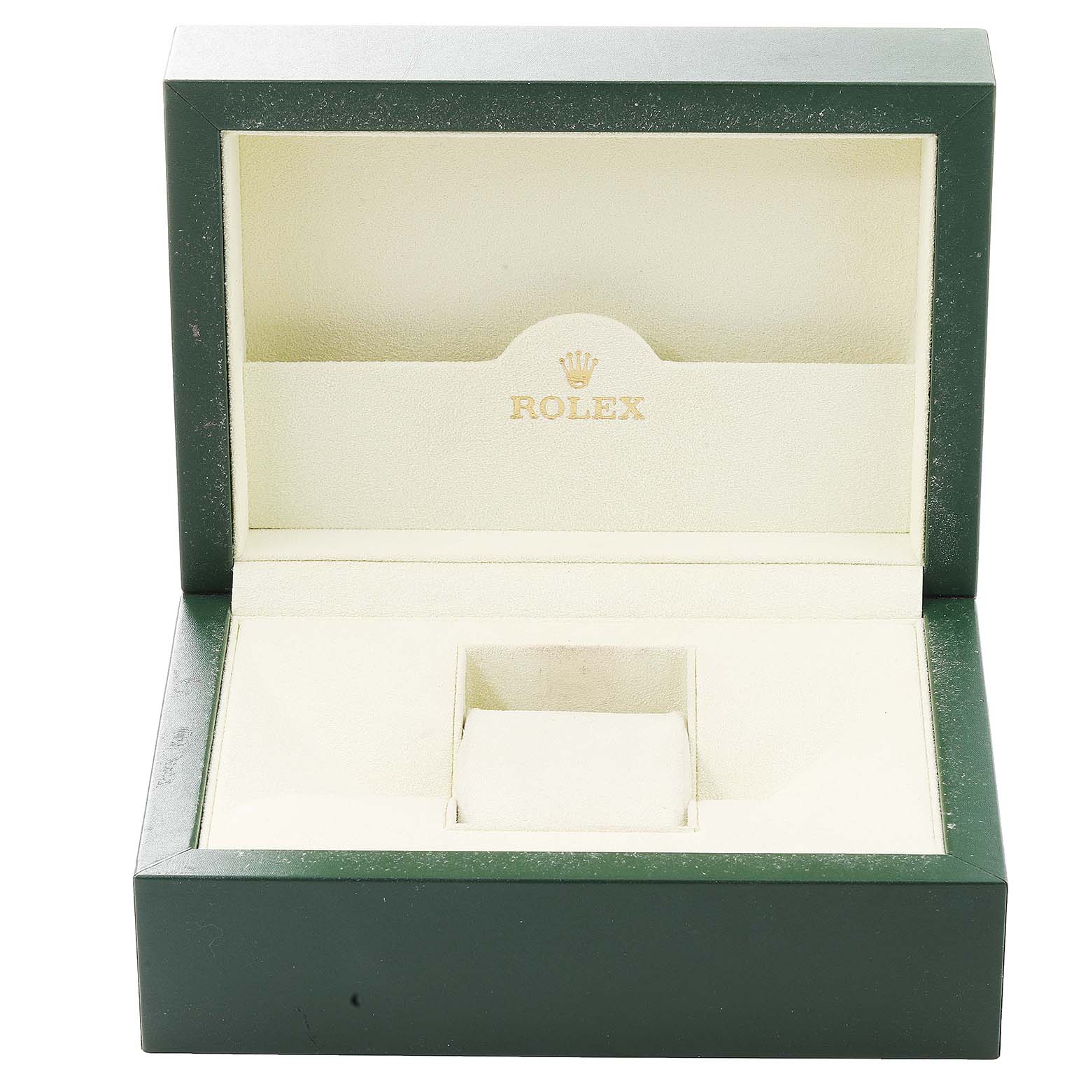 This image shows an open green and beige box for a Rolex Submariner 16610LV Men's Stainless Steel Black Dial 16610LV Men's Stainless Steel Black Dial watch, displaying the interior with the Rolex logo.
