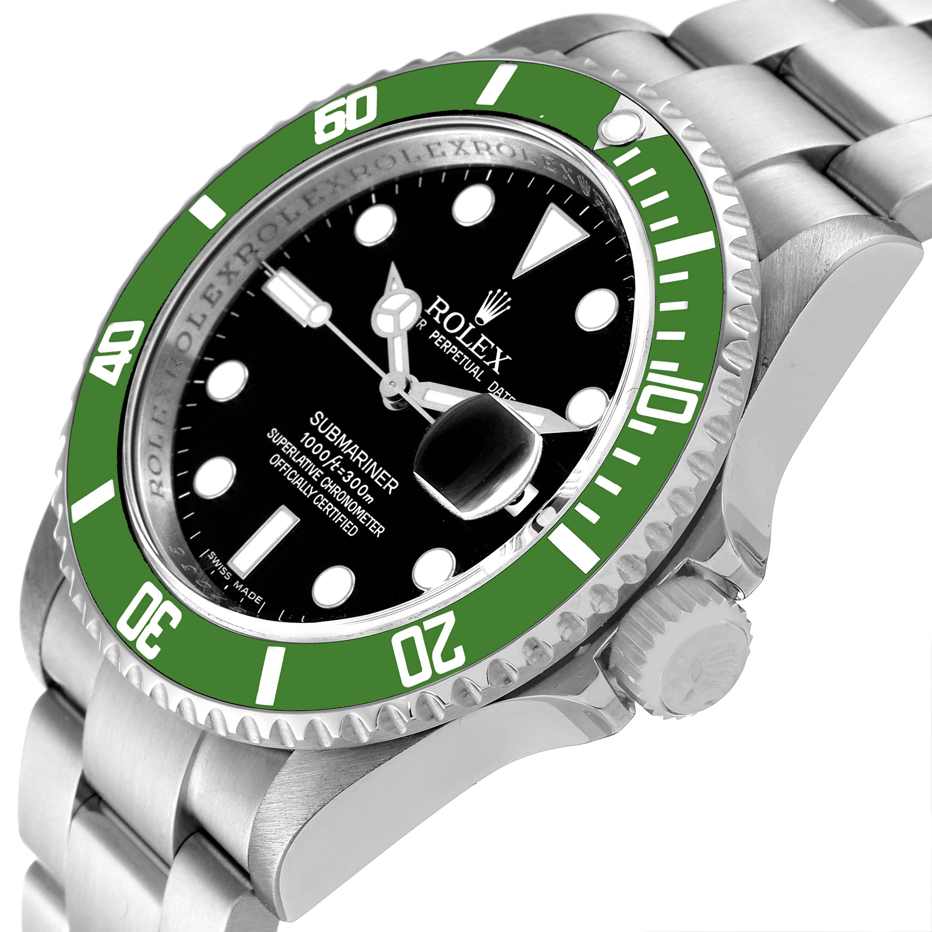 The image shows the Rolex Submariner 16610LV Men's Stainless Steel Black Dial 16610LV Men's Stainless Steel Black Dial watch at an angled side view, highlighting the green bezel, dial, and part of the bracelet.