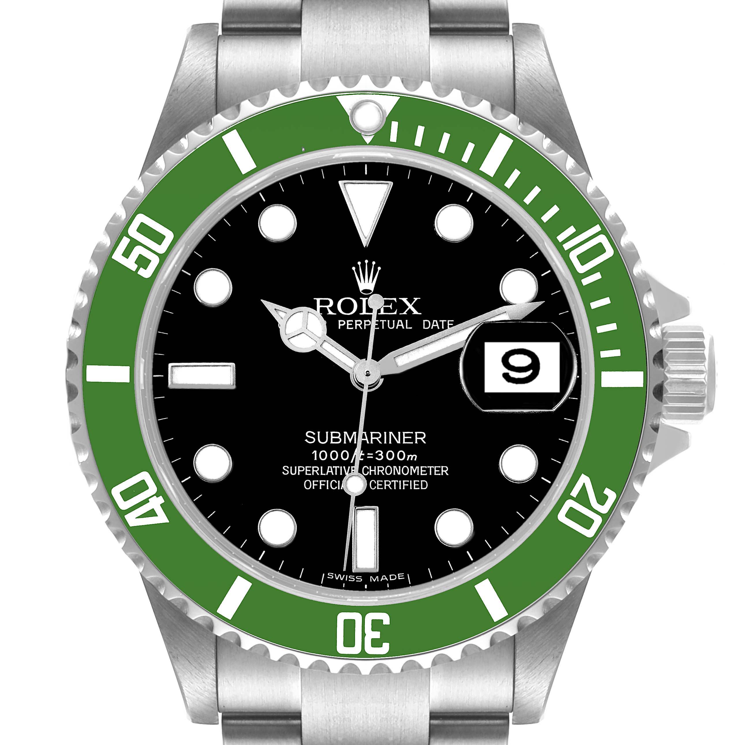The image shows a front view of a Rolex Submariner 16610LV Men's Stainless Steel Black Dial 16610LV Men's Stainless Steel Black Dial model watch, highlighting the dial, hands, bezel, and part of the bracelet.