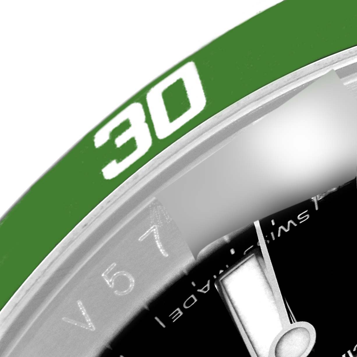 The image shows a close-up of the bezel and part of the dial of a Rolex Submariner 16610LV Men's Stainless Steel Black Dial 16610LV Men's Stainless Steel Black Dial watch, with focus on the 30-minute mark.
