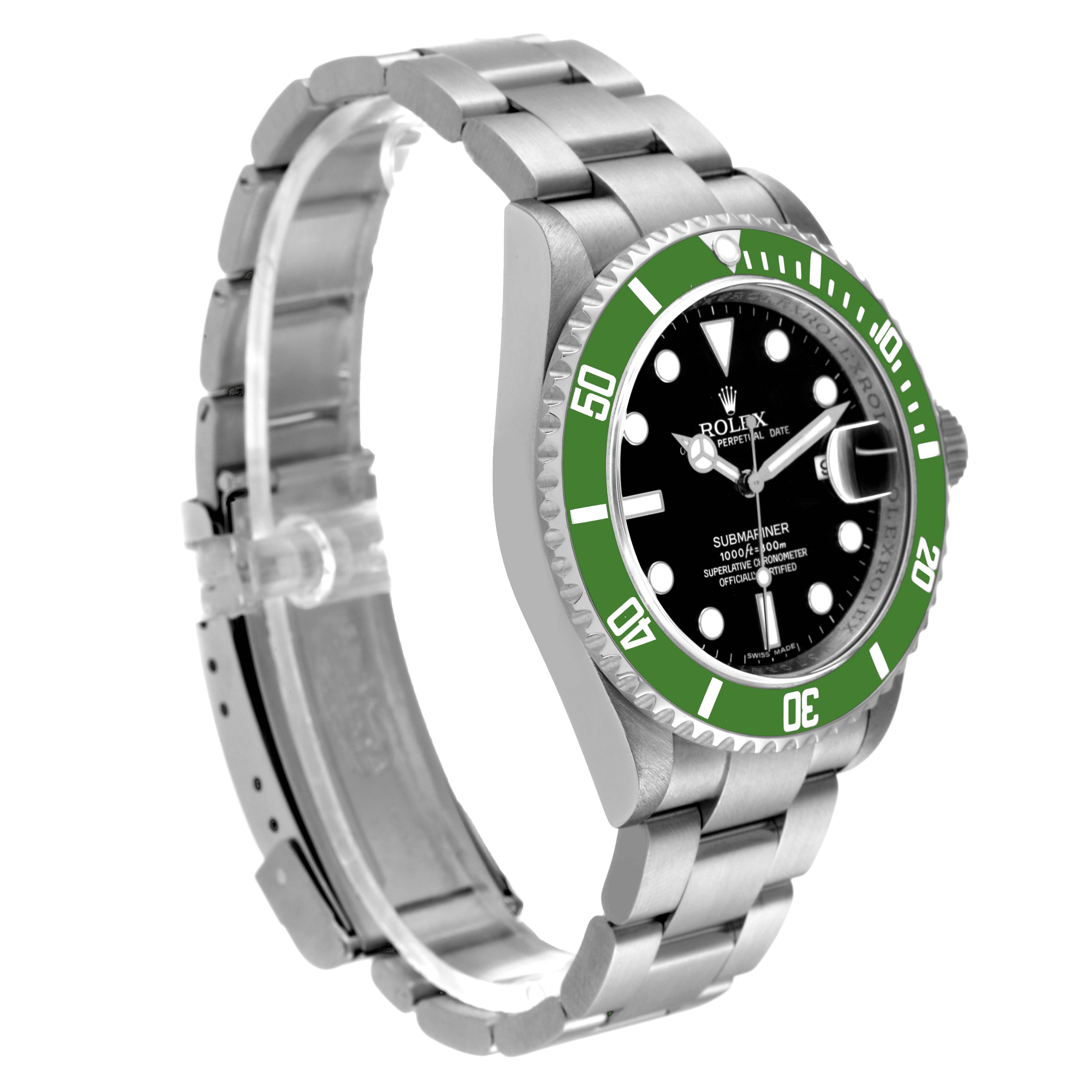 The image shows a side view of a Rolex Submariner 16610LV Men's Stainless Steel Black Dial 16610LV Men's Stainless Steel Black Dial watch, highlighting its face, bezel, crown, and part of the bracelet.