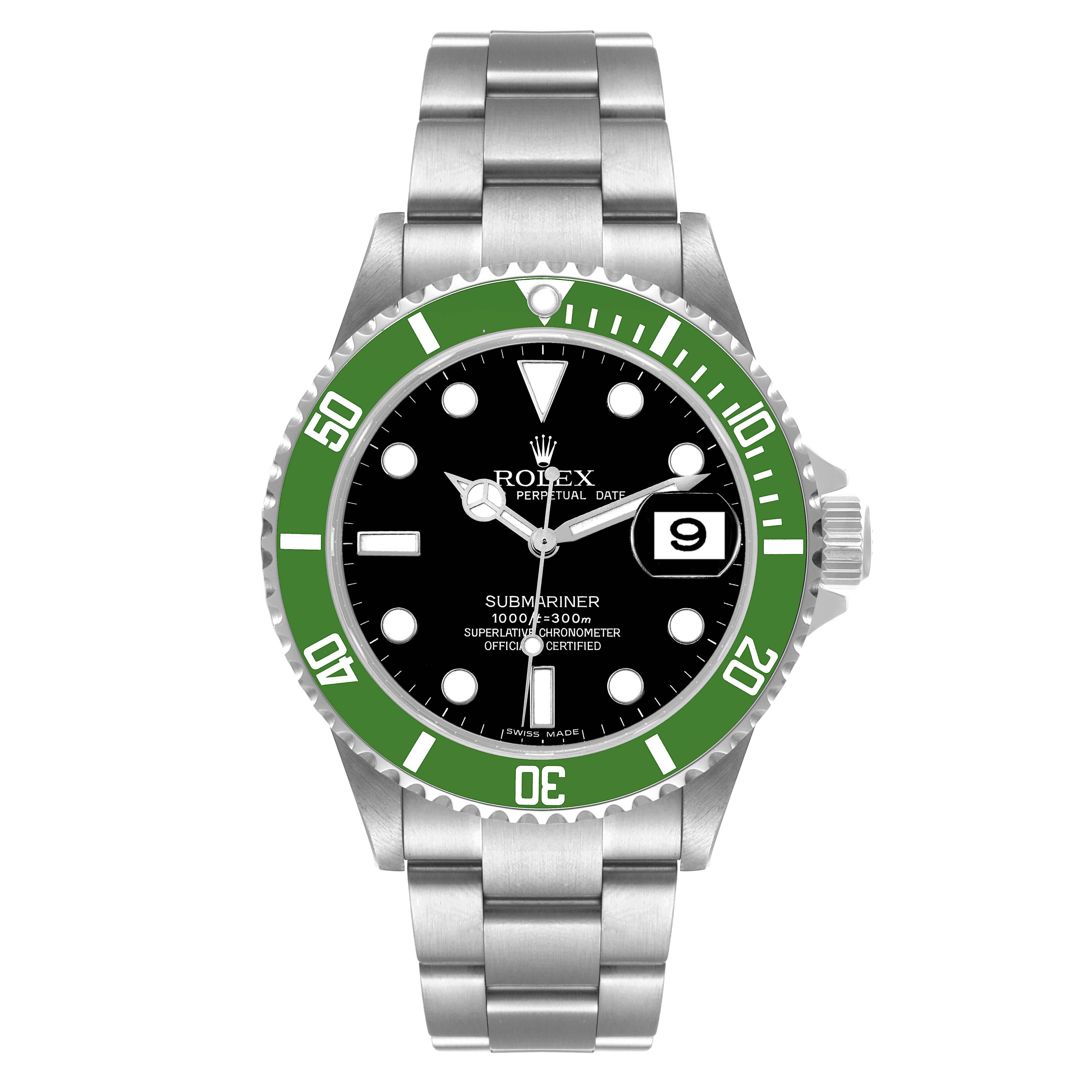 This image shows a front view of a Rolex Submariner 16610LV Men's Stainless Steel Black Dial 16610LV Men's Stainless Steel Black Dial watch with a green bezel and stainless steel bracelet.