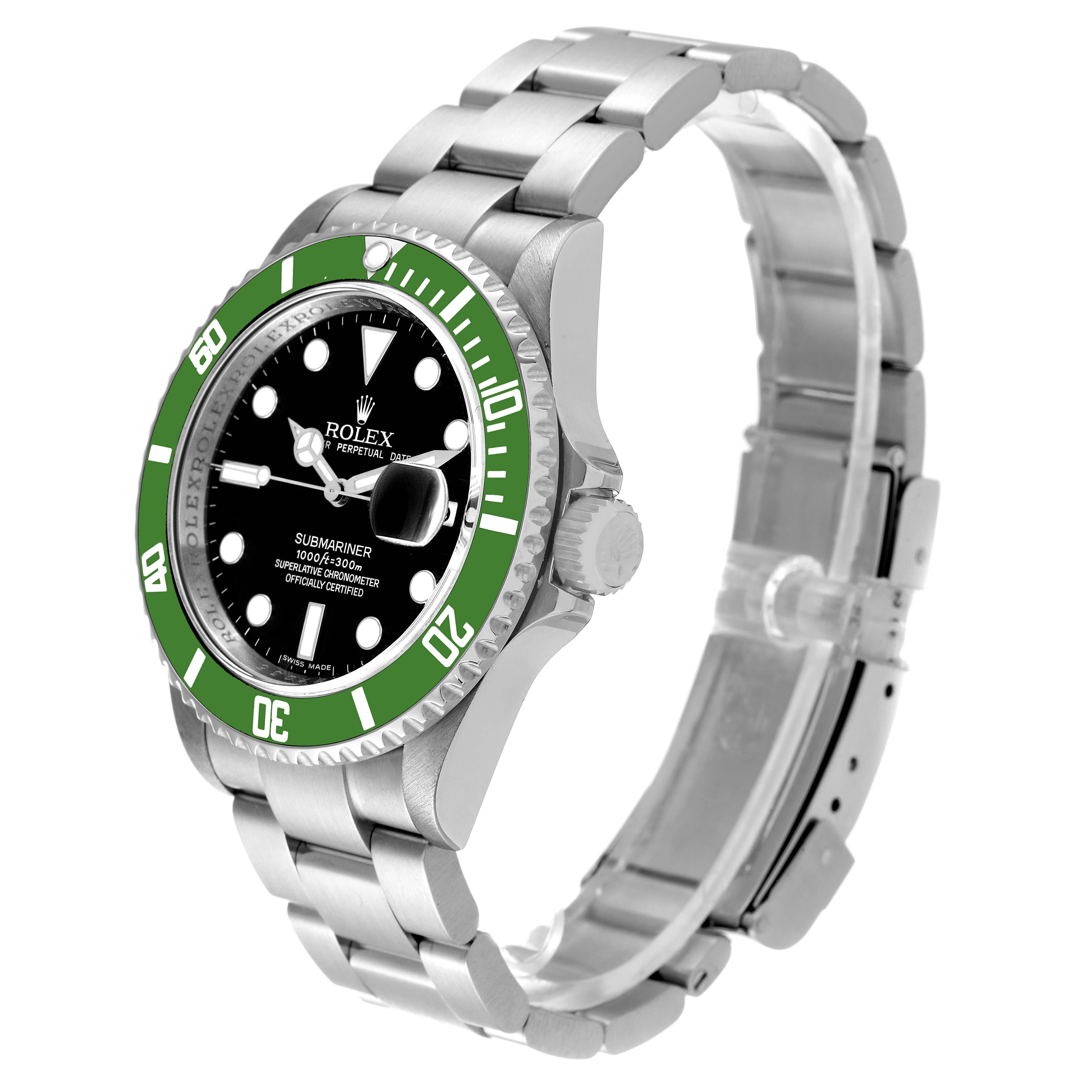 The image shows a Rolex Submariner 16610LV Men's Stainless Steel Black Dial 16610LV Men's Stainless Steel Black Dial watch angled from the front and left side, displaying its green bezel, black dial, and stainless steel bracelet.