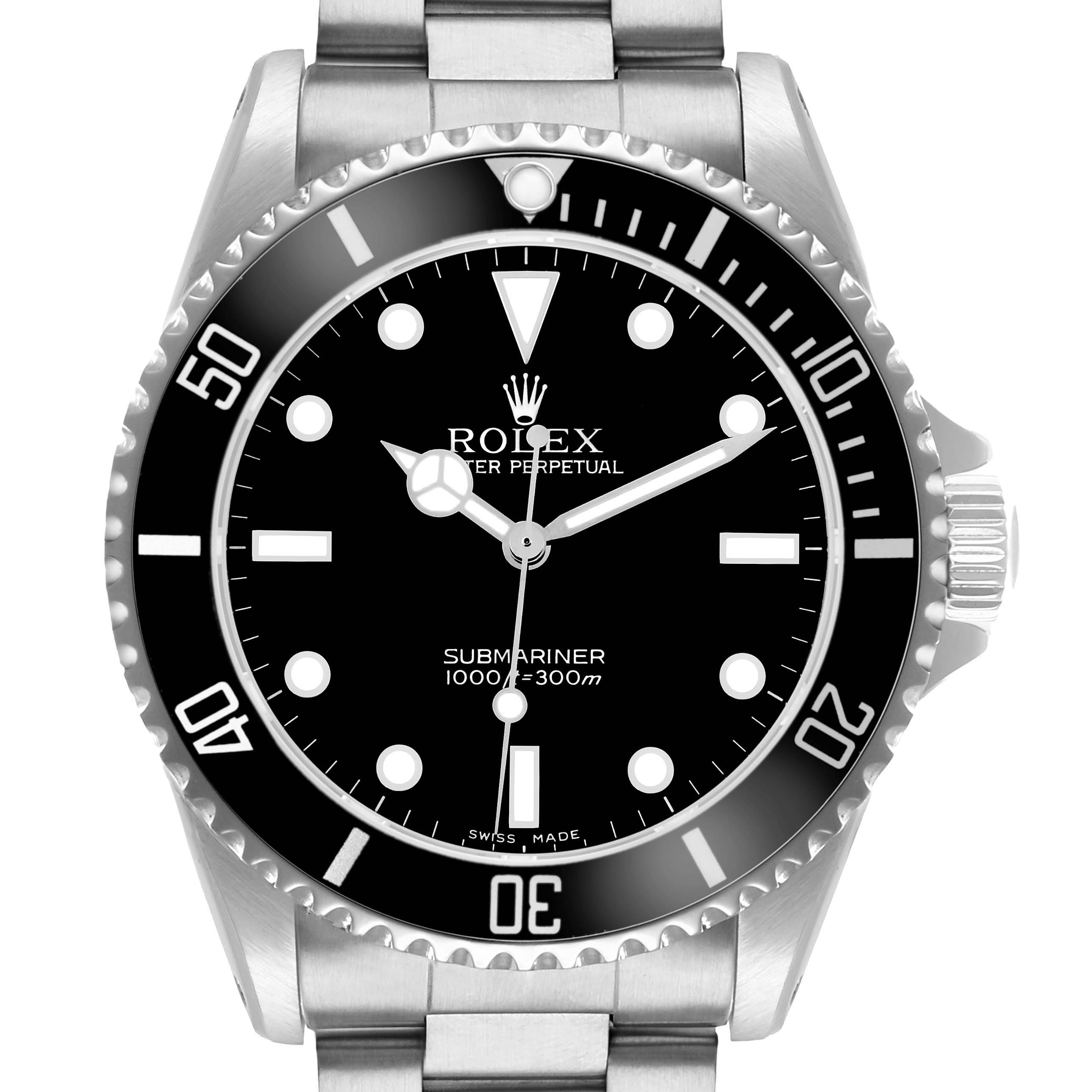The Rolex Submariner 14060M Men
s Stainless Steel Black Dial watch is shown from a front angle, displaying its dial, bezel, crown, and part of the bracelet.