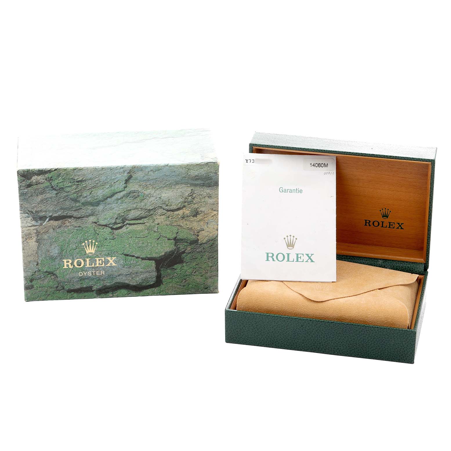 The image shows a Rolex Submariner 14060M Men
s Stainless Steel Black Dial box, an outer box, and a guarantee booklet.
