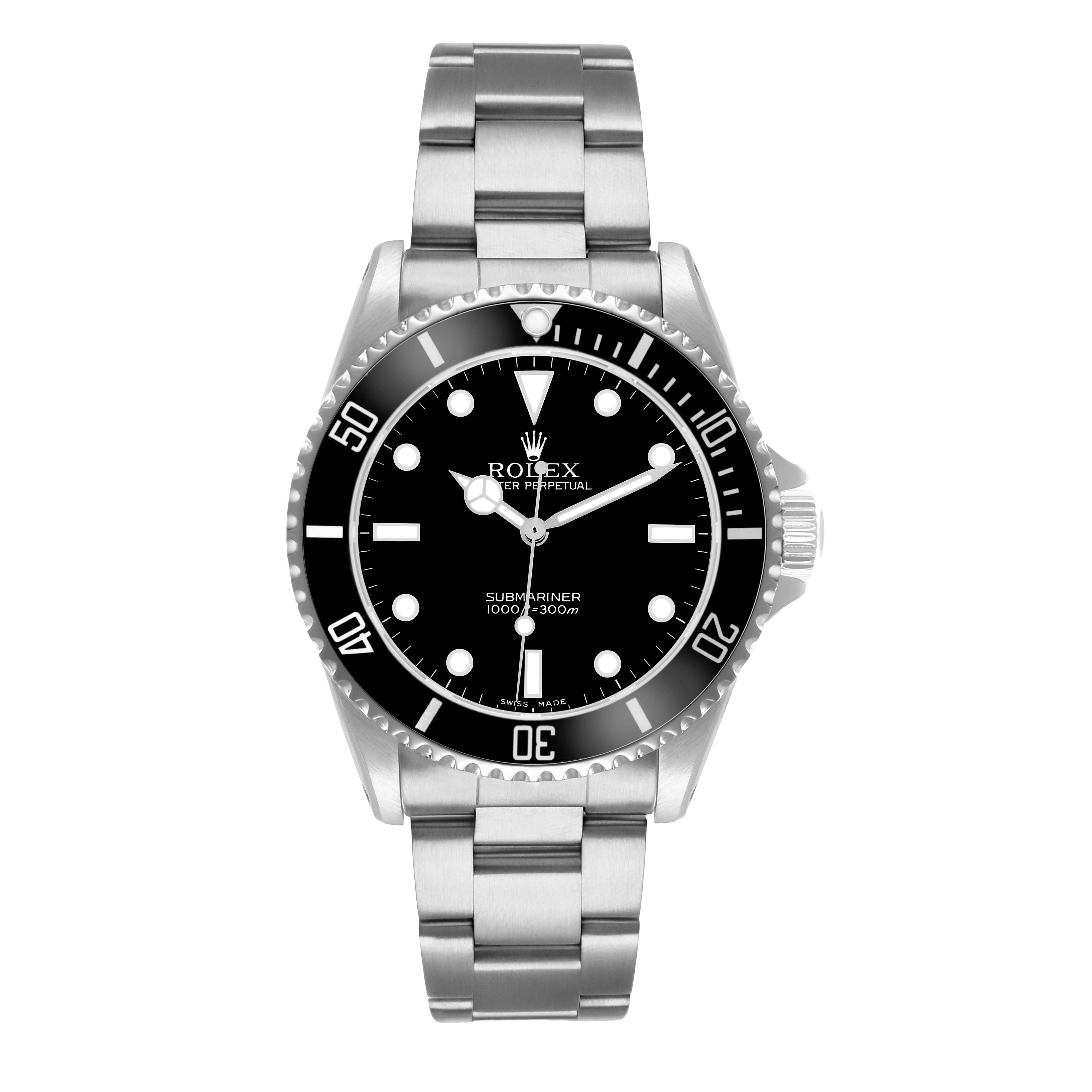 The Rolex Submariner 14060M Men
s Stainless Steel Black Dial watch is shown from a top-down angle, featuring its dial, bezel, bracelet, and crown.