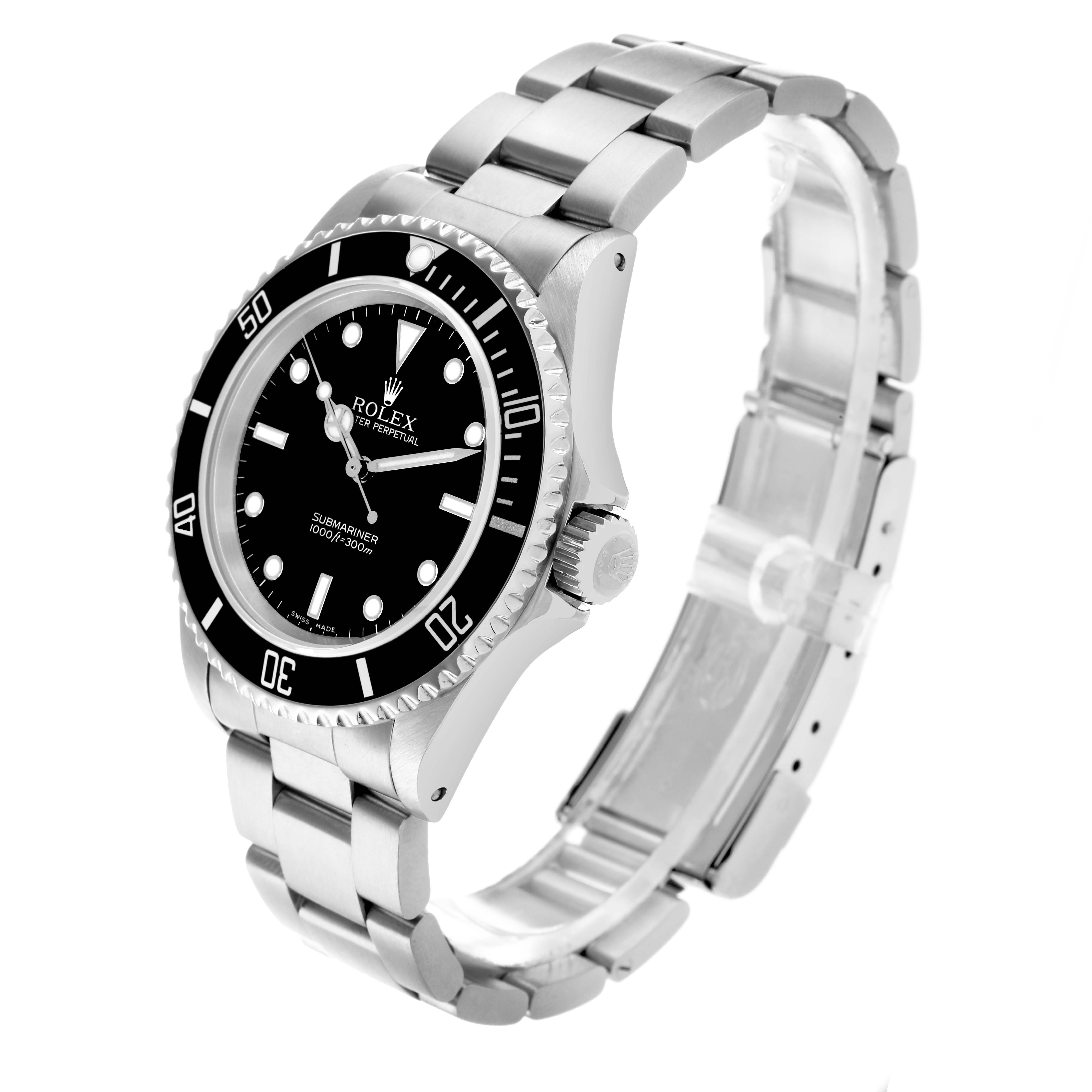 The Rolex Submariner 14060M Men
s Stainless Steel Black Dial watch is shown at a three-quarter angle, displaying its face, bezel, crown, and bracelet.