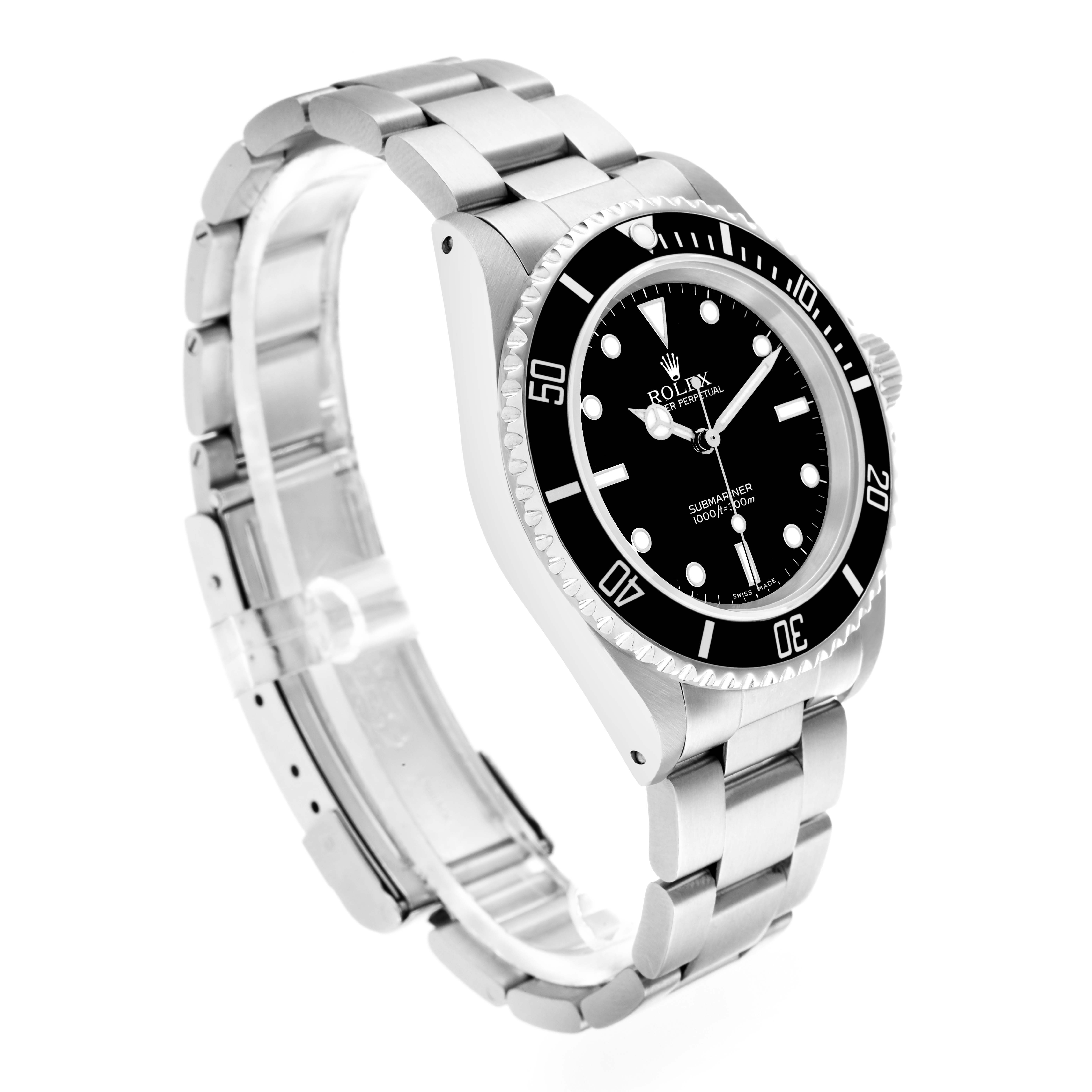 The Rolex Submariner 14060M Men
s Stainless Steel Black Dial watch is shown at an angled side view, highlighting the bracelet, bezel, and dial.